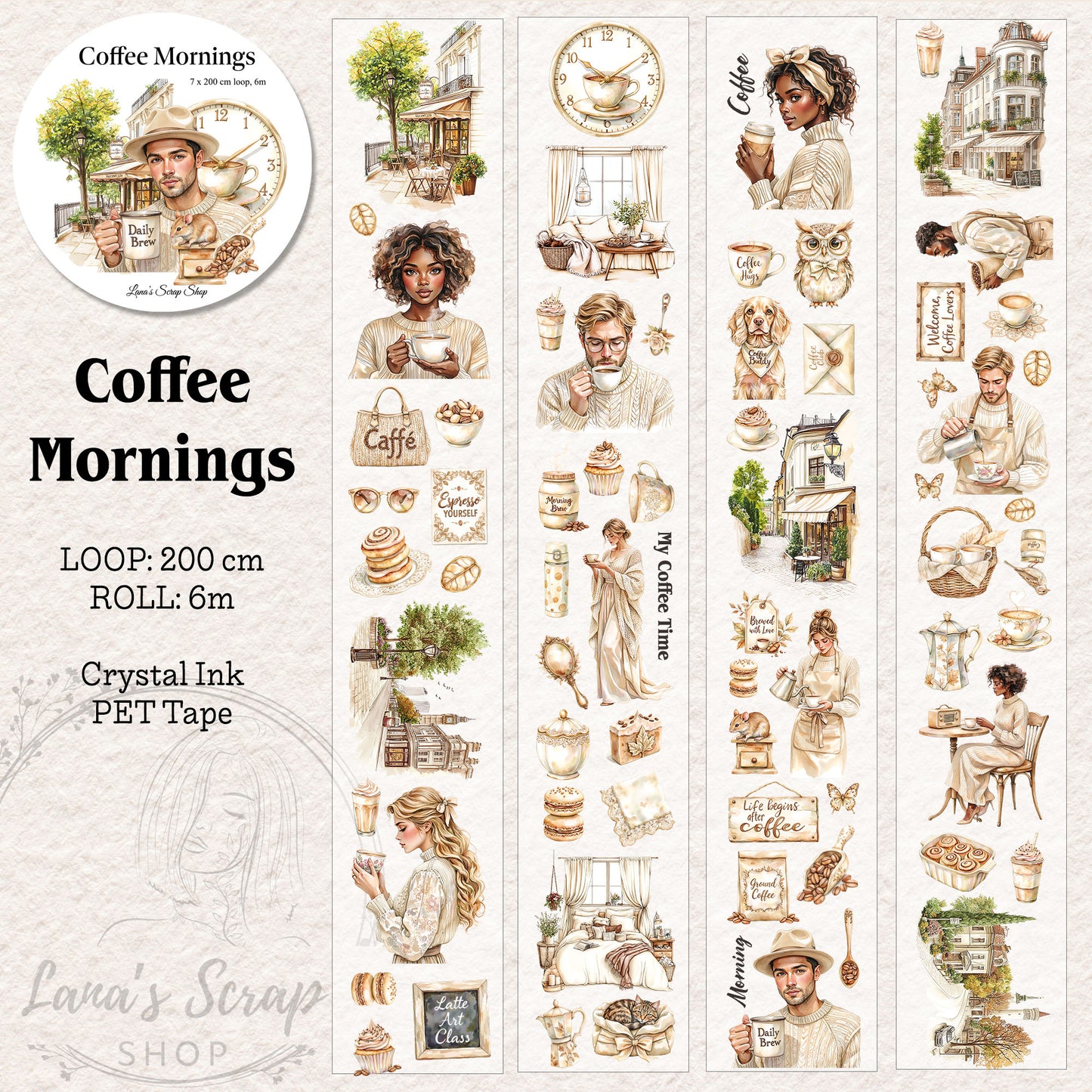 Coffee Mornings, Crystal Ink, PET TAPE, 7 cm wide