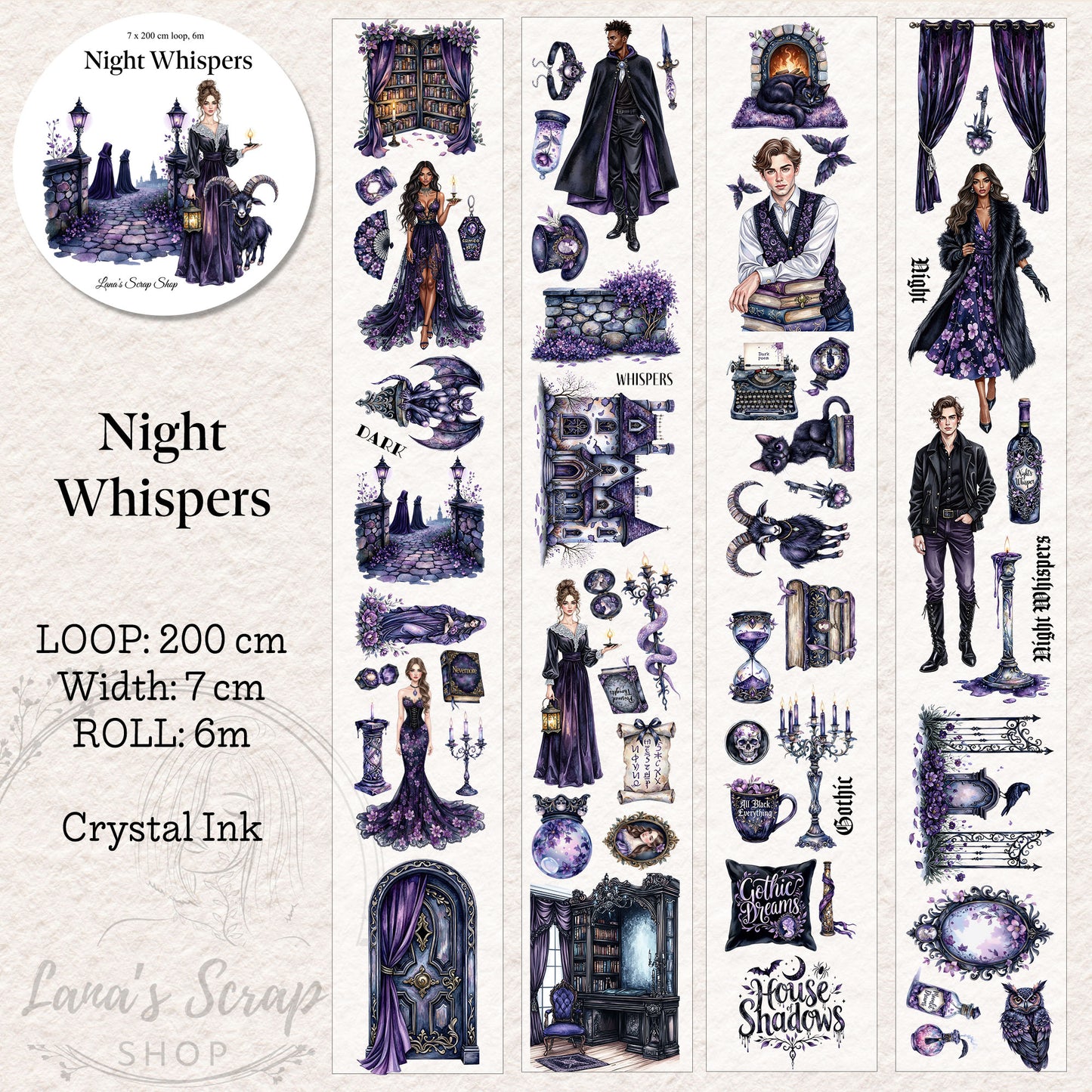 Night Whispers, PET Tape, Crystal Ink, 7 cm wide.