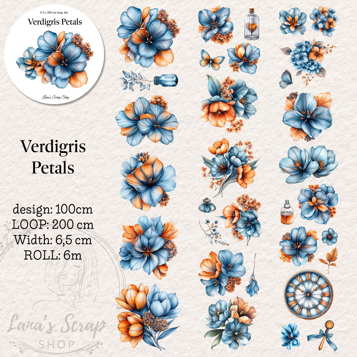 Verdigris Petals, PET Tape, Crystal Ink, 6,5 cm wide.