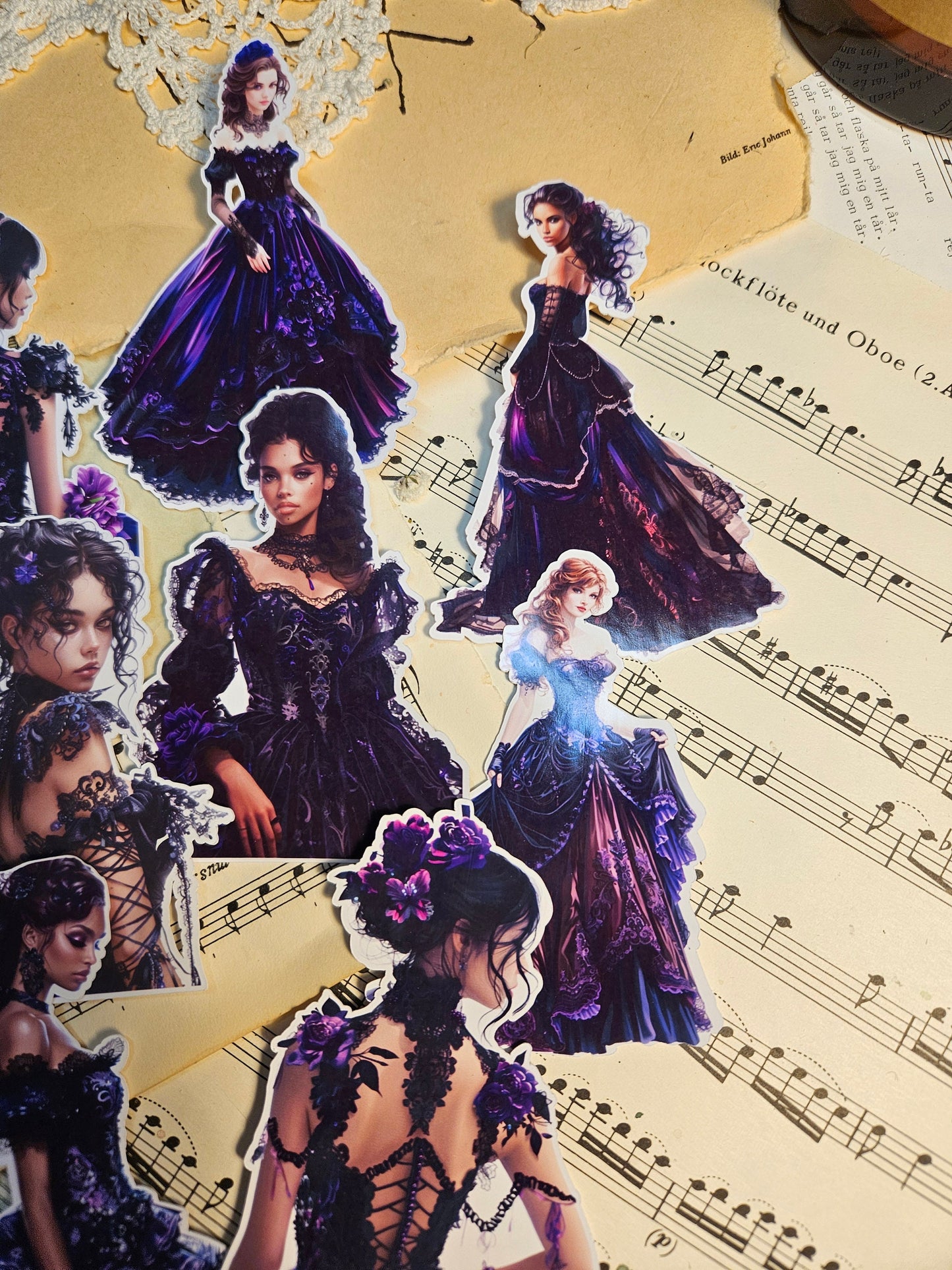 Black&Purple Ladies Set of 9 Stickers | • Scrapbooking • Card Making • Art Journaling • Paper Craft • Junk Journal