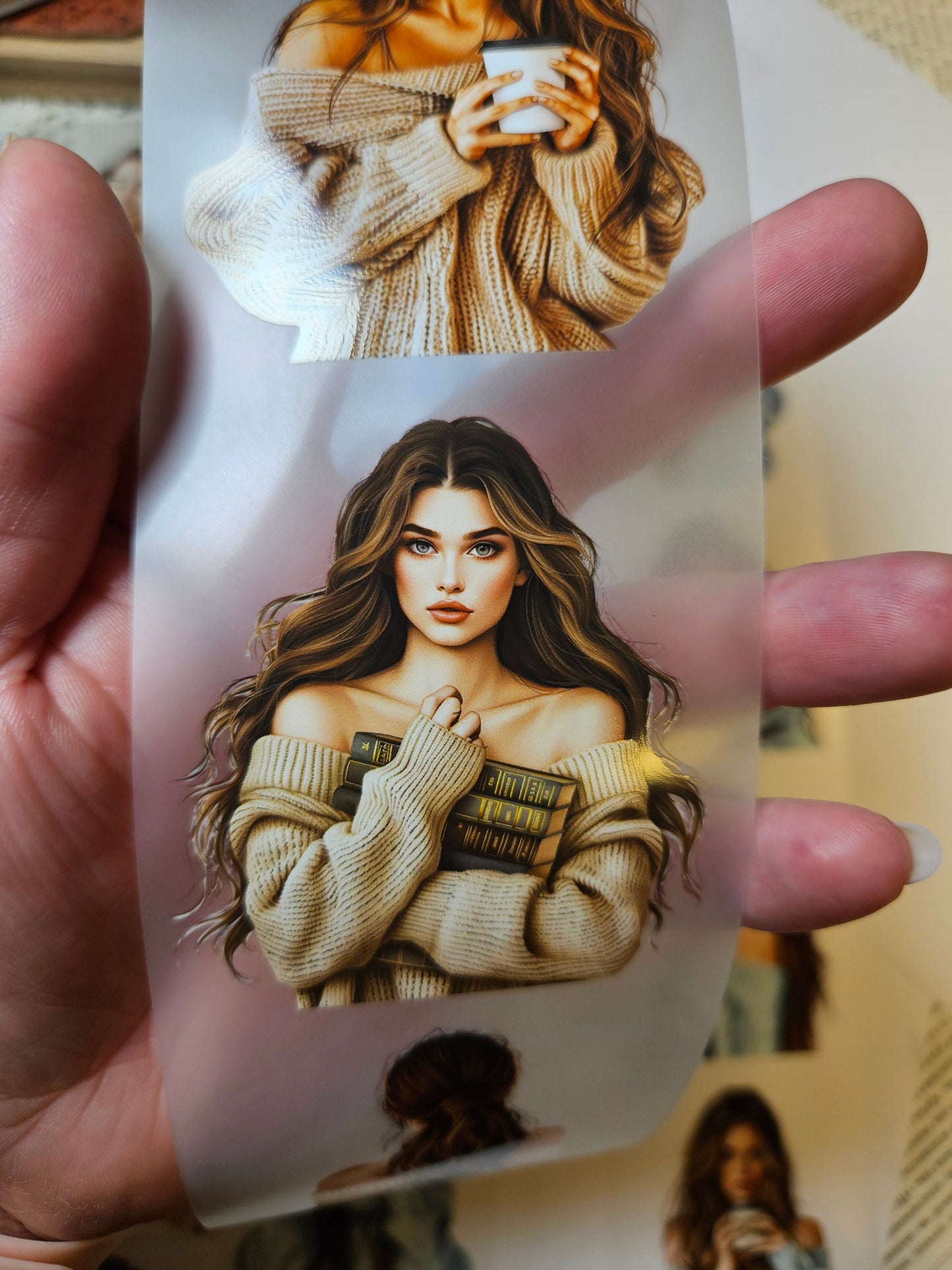 Girls in Sweater, Beige and Blue, Crystal ink, 7x200