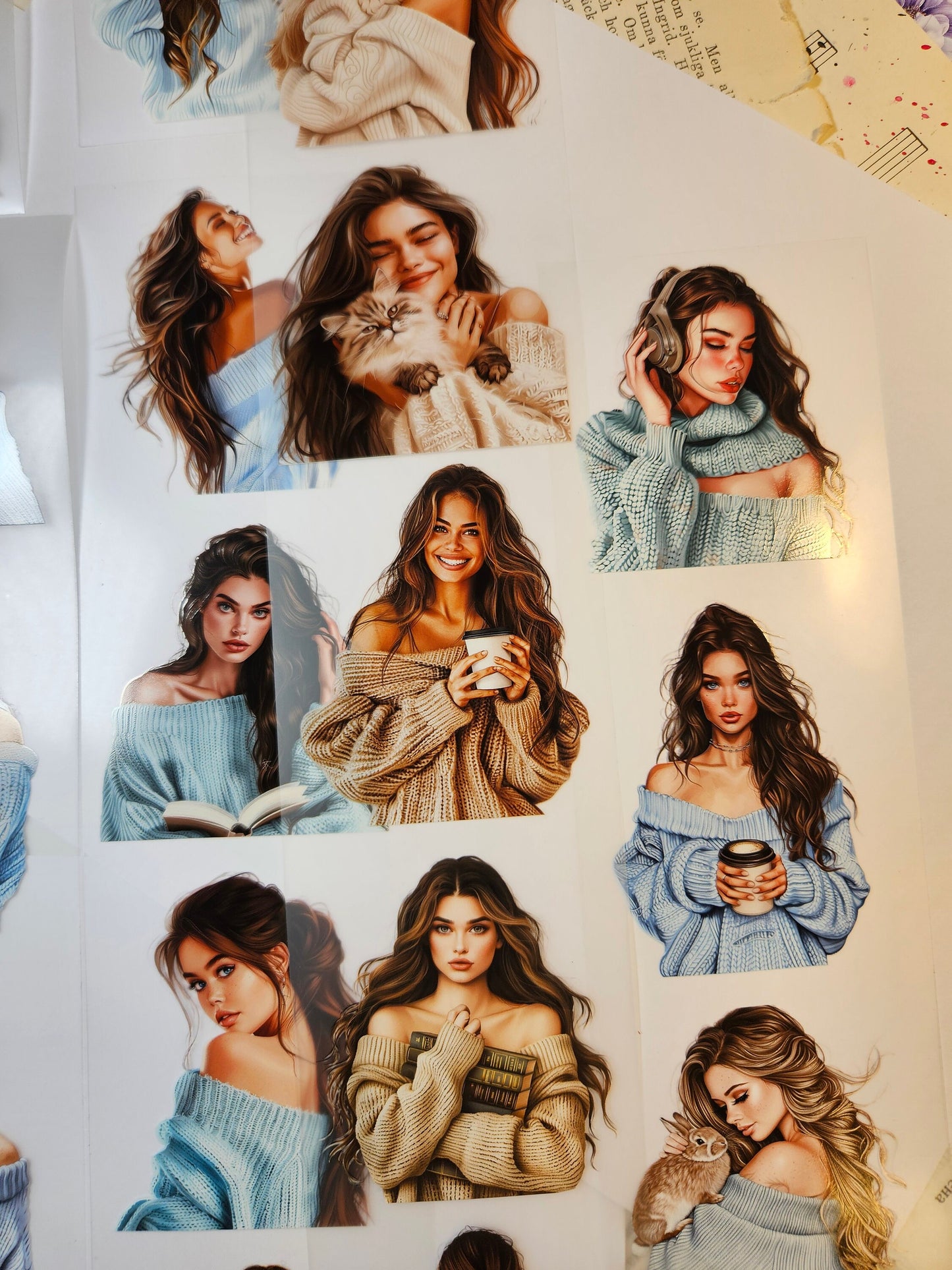 Girls in Sweater, Beige and Blue, Crystal ink, 7x200