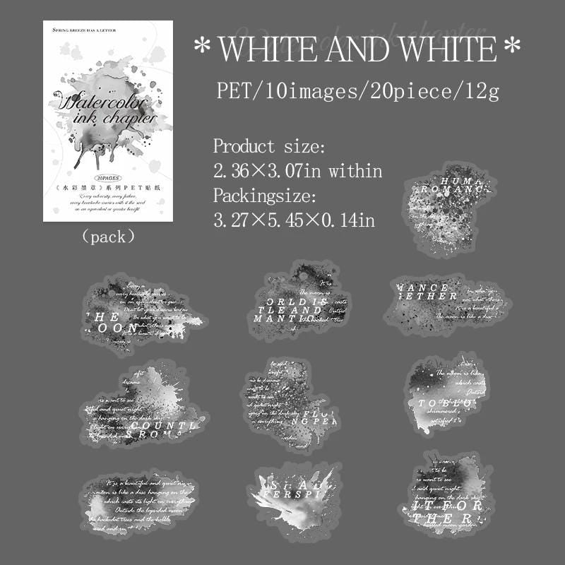 PET Stickers “Watercolor Ink Chapter” — 20 pcs | Ink Splash Quotes