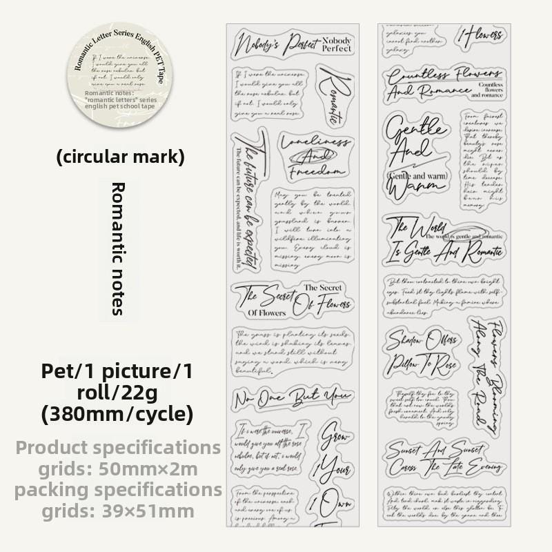 PRE Cut Romantic Letter English Text PET Tape – 2 m Roll