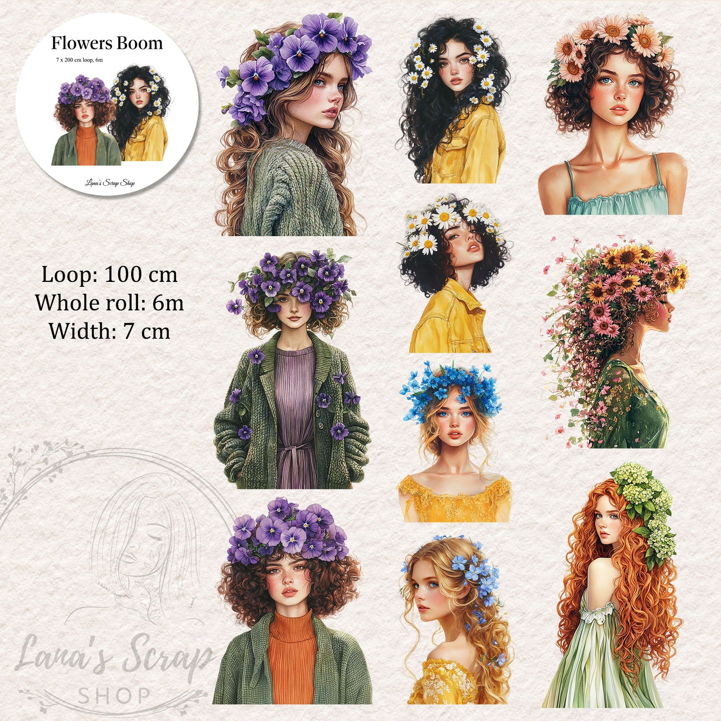 Flower Boom, PET TAPE, LOOP, Crystal Ink, 7cm wide