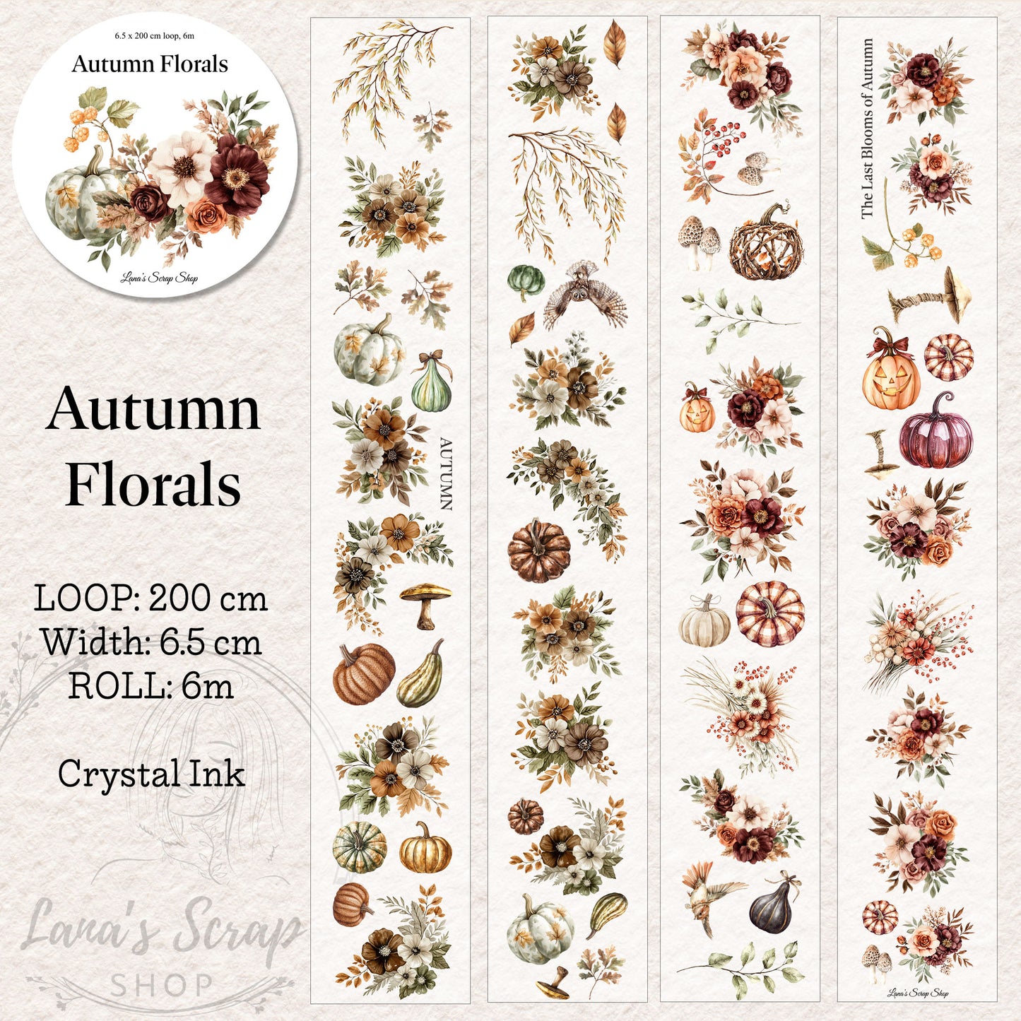 Rustic Florals, PET Tape, Crystal Ink, 6,5 cm wide.