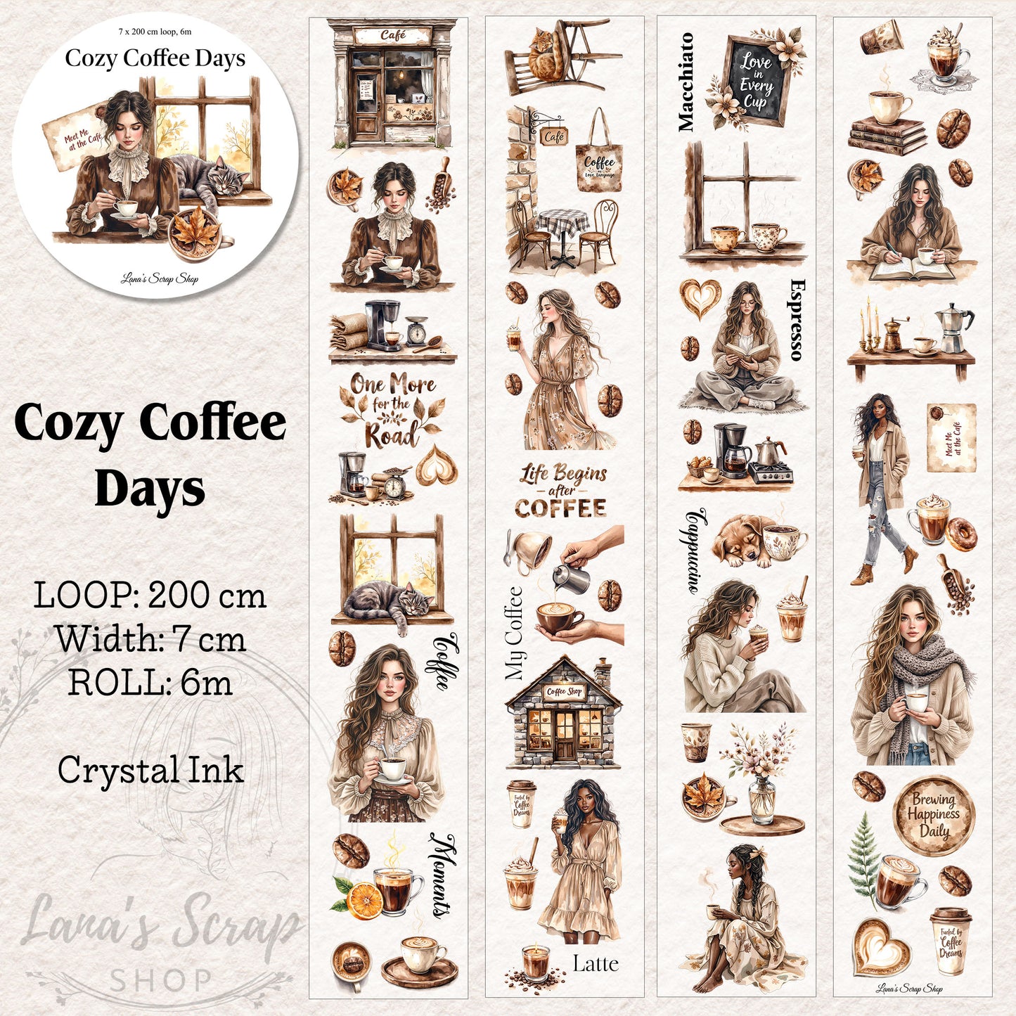 Cozy Coffee Days, Crystal Ink, PET TAPE, 7 cm wide