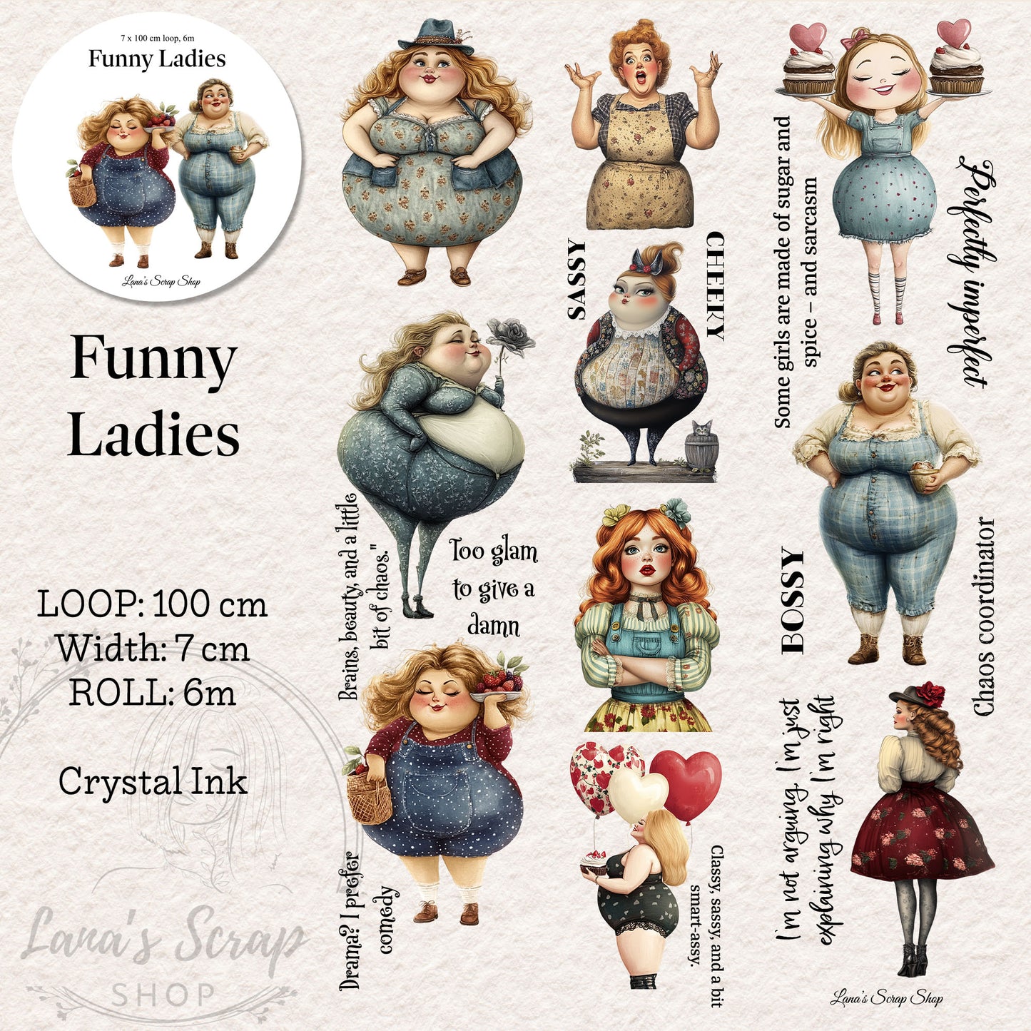 Funny Ladies, PET Tape, Crystal Ink, 7 cm wide.