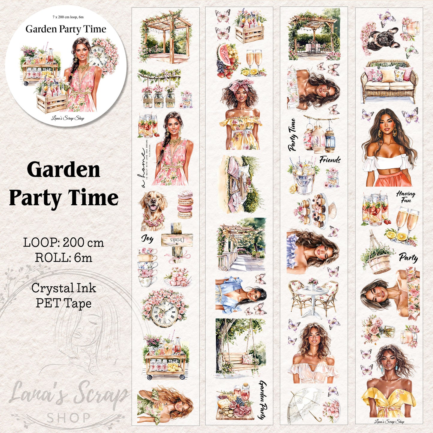 Garden Party Time, Crystal Ink, PET TAPE, 7 cm wide