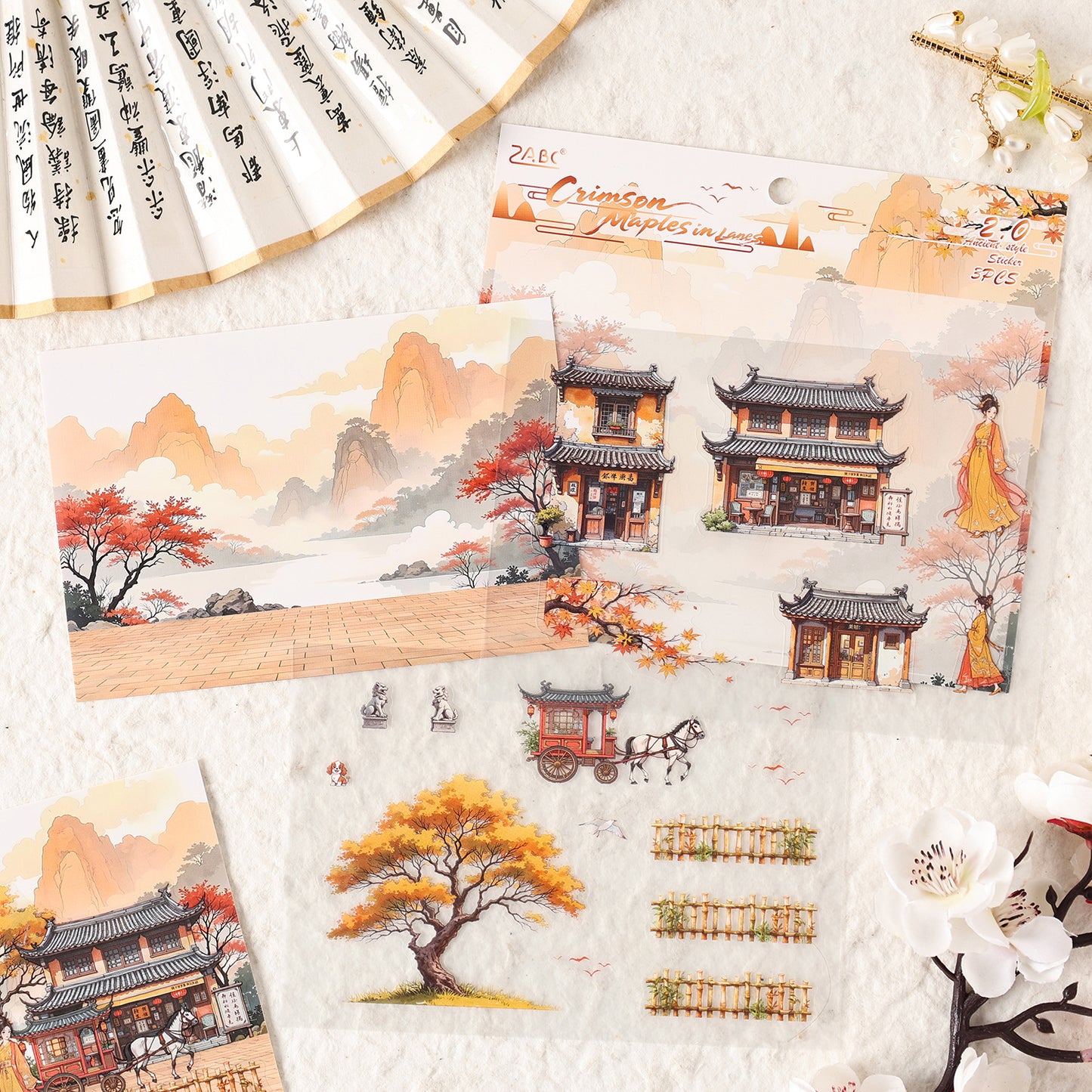 Ancient Scenery Sticker Pack – Traditional Houses & Landscapes (3 Sheets)