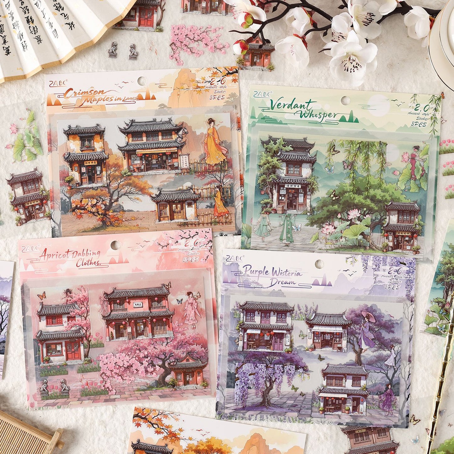 Ancient Scenery Sticker Pack – Traditional Houses & Landscapes (3 Sheets)