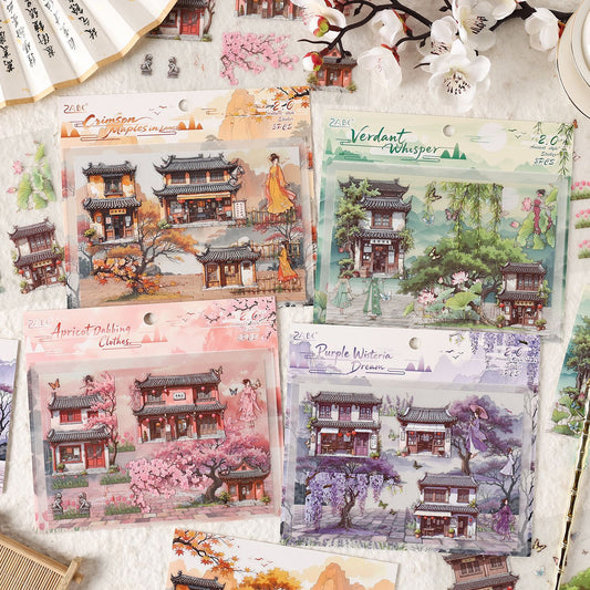 Ancient Scenery Sticker Pack – Traditional Houses & Landscapes (3 Sheets)