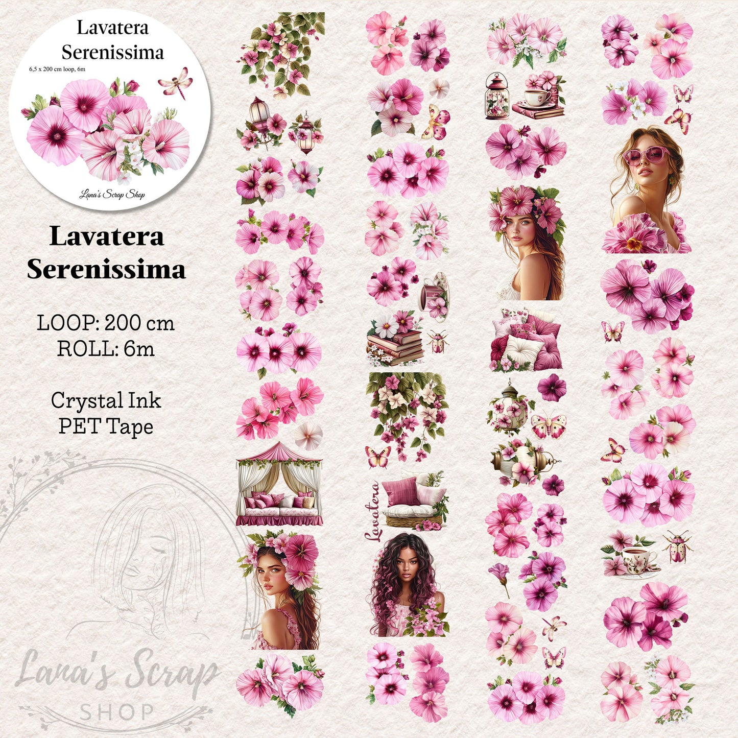 Lavatera Serenissima, Crystal Ink, PET TAPE, 6.5 cm wide