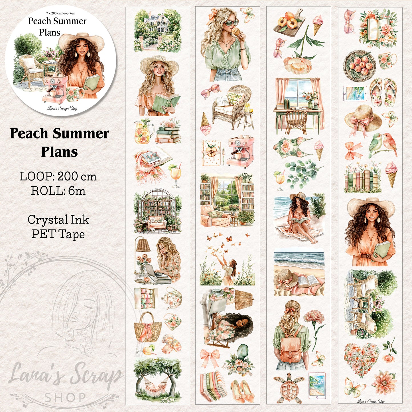 Peach Summer Plans, Crystal Ink, PET TAPE, 7 cm wide