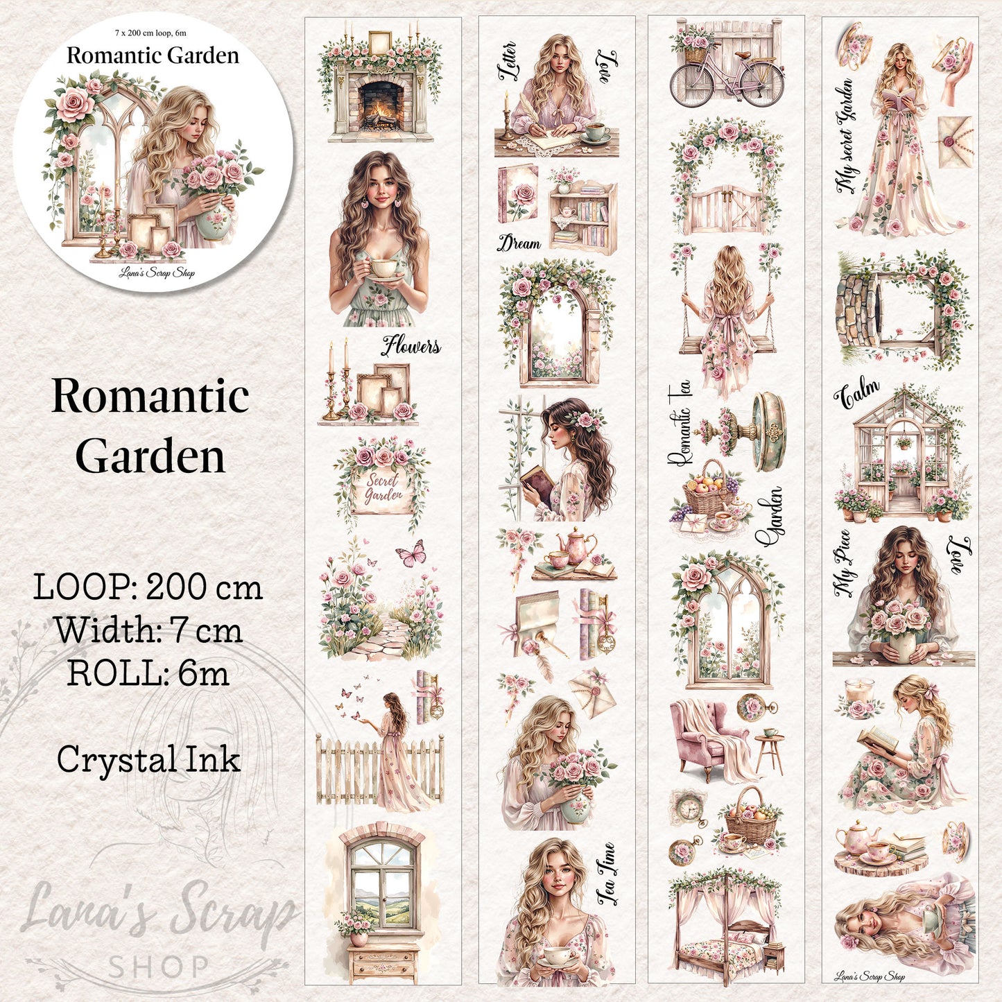Romantic Garden, Crystal Ink, PET TAPE, 7 cm wide
