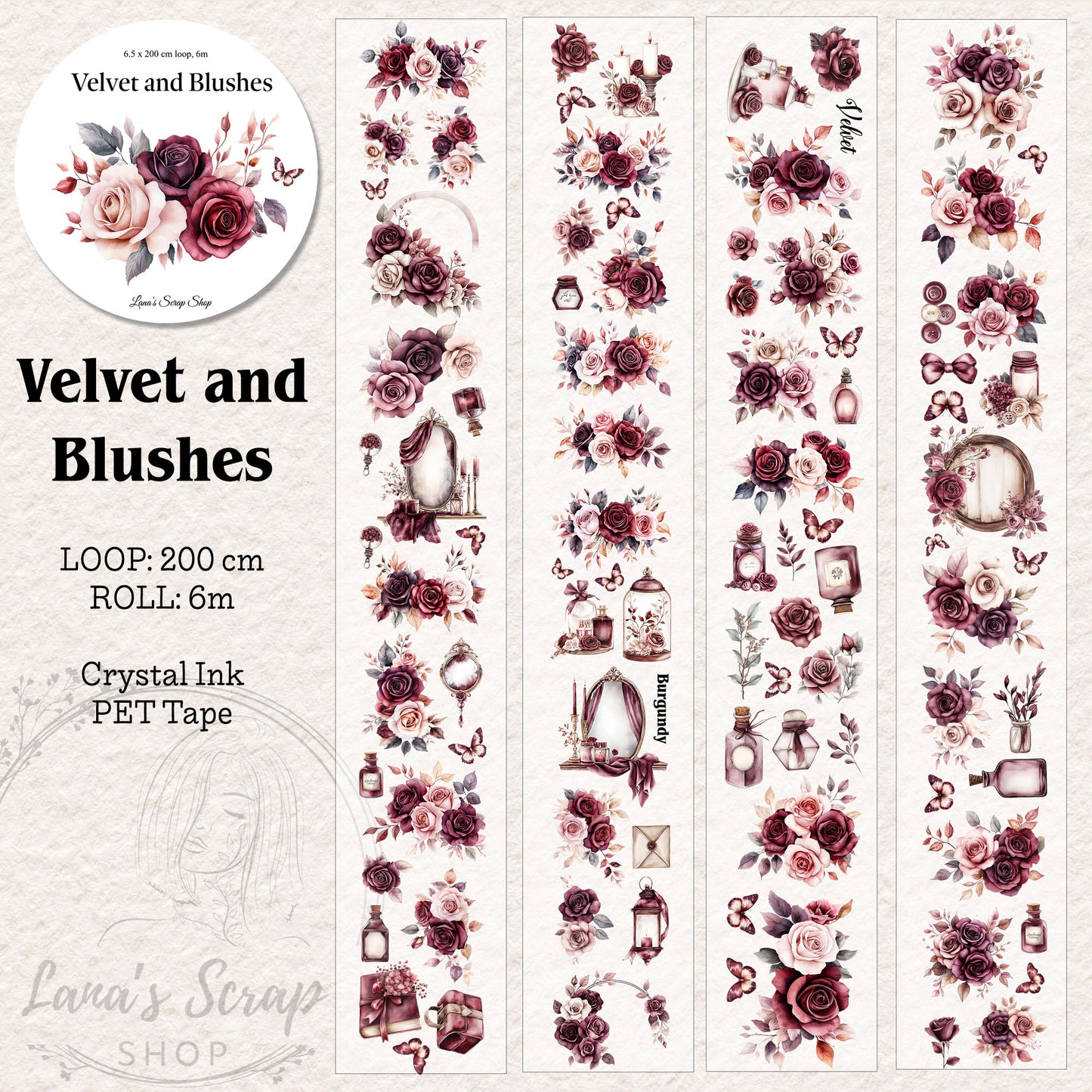 Velvet Blushes, Crystal Ink, PET TAPE, 6,5 cm wide