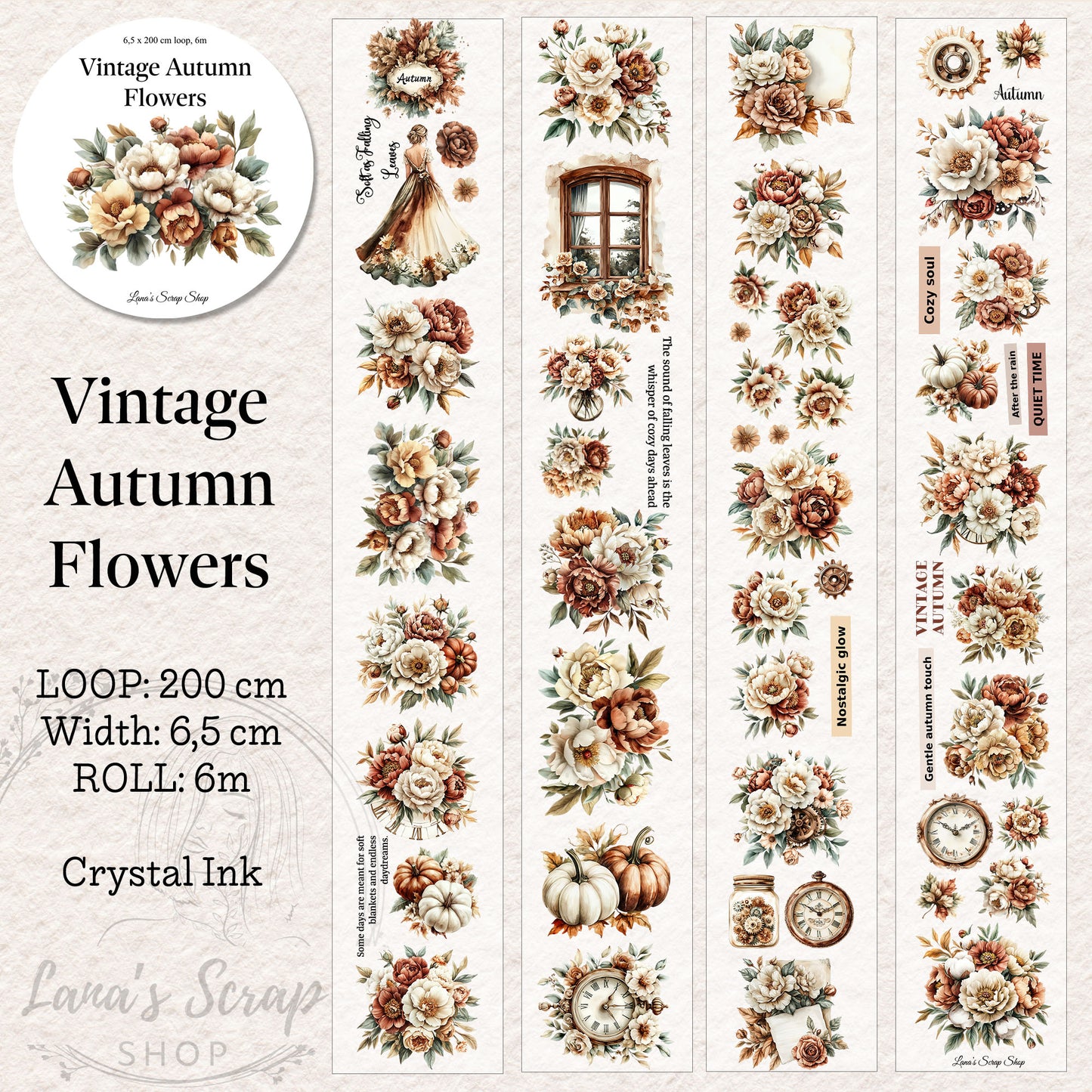 Vintage Autumn Flowers - PET Tape | Scrapbooking & Journaling