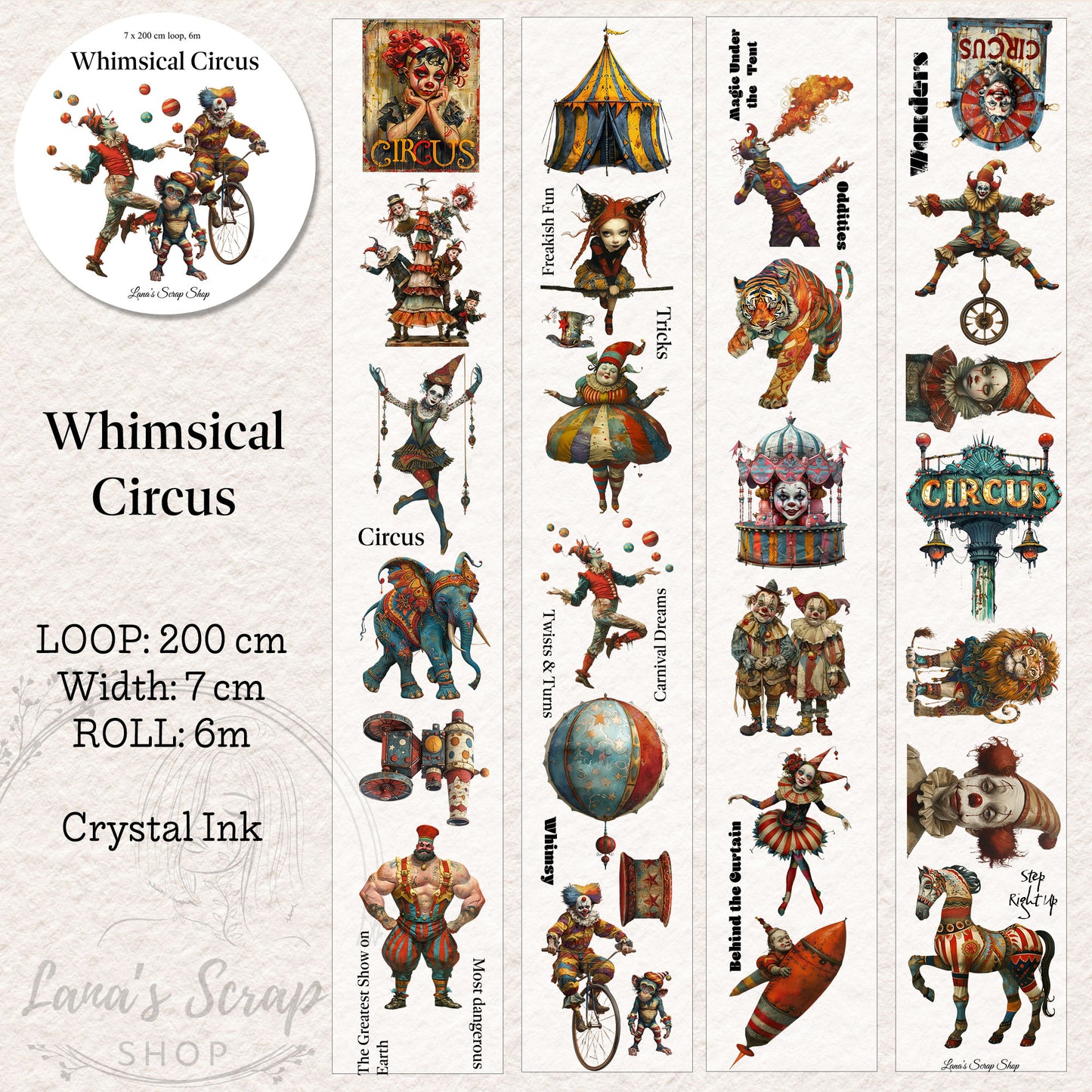 Whimsical Circus, Crystal Ink, PET TAPE, 7 cm wide