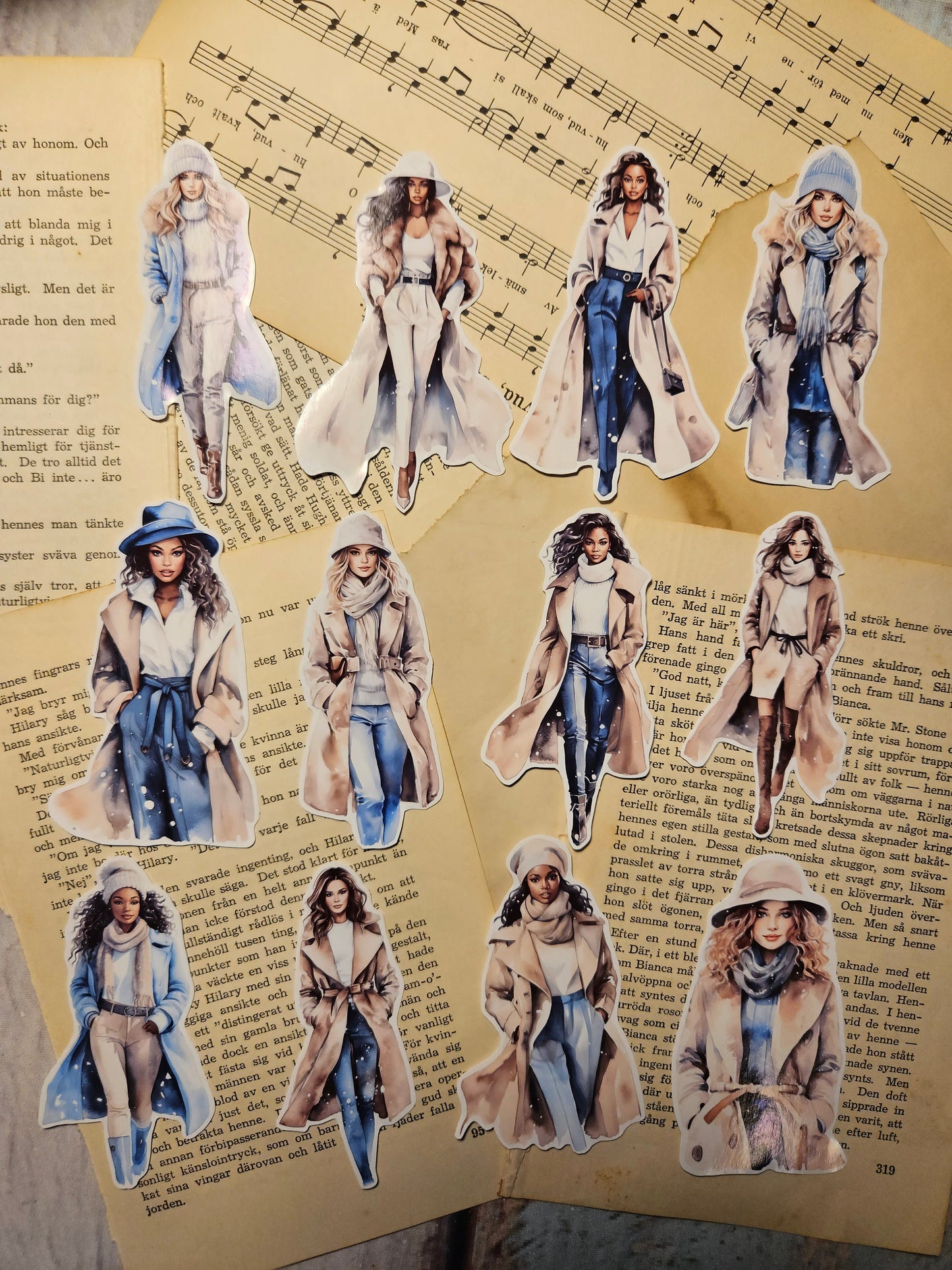 Winter Fashion Girls Set of 12 Stickers | • Scrapbooking • Card Making • Art Journaling • Paper Craft • Junk Journal