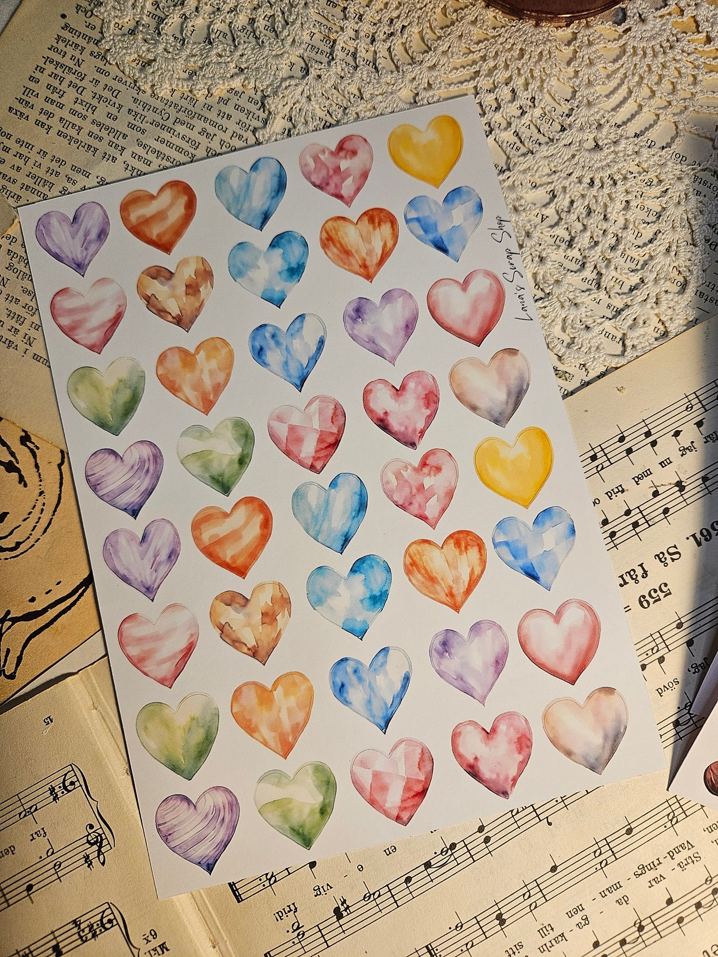 Watercolor Heart Stickers Sheet | • Scrapbooking • Card Making • Art Journaling • Paper Craft • Junk Journal