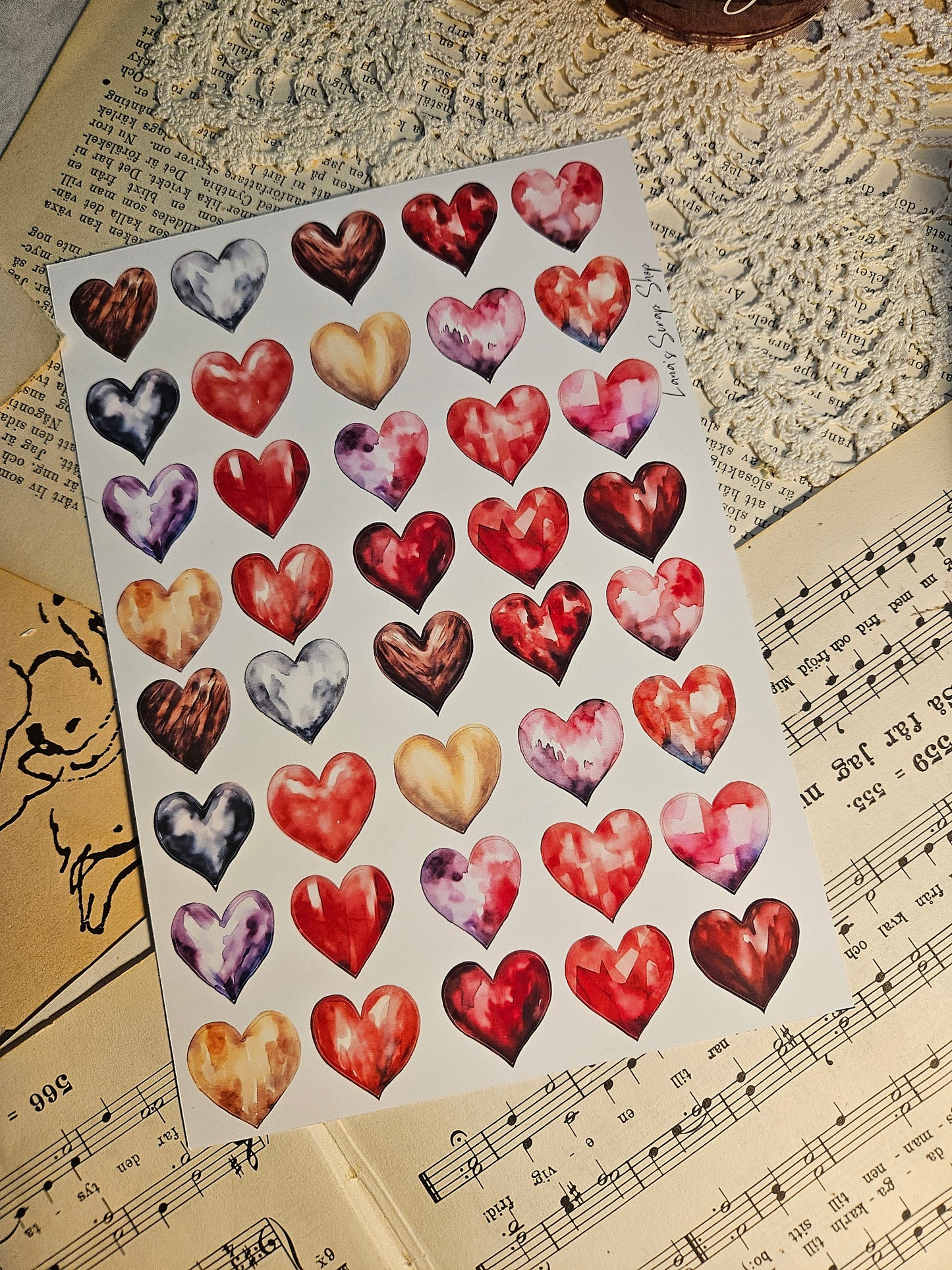 Watercolor Heart Stickers Sheet | • Scrapbooking • Card Making • Art Journaling • Paper Craft • Junk Journal