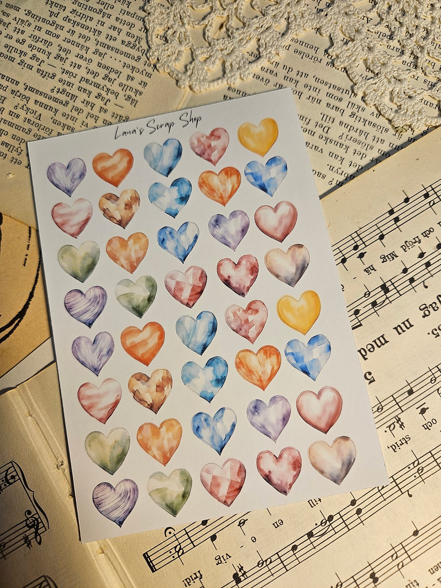 Watercolor Heart Stickers Sheet | • Scrapbooking • Card Making • Art Journaling • Paper Craft • Junk Journal