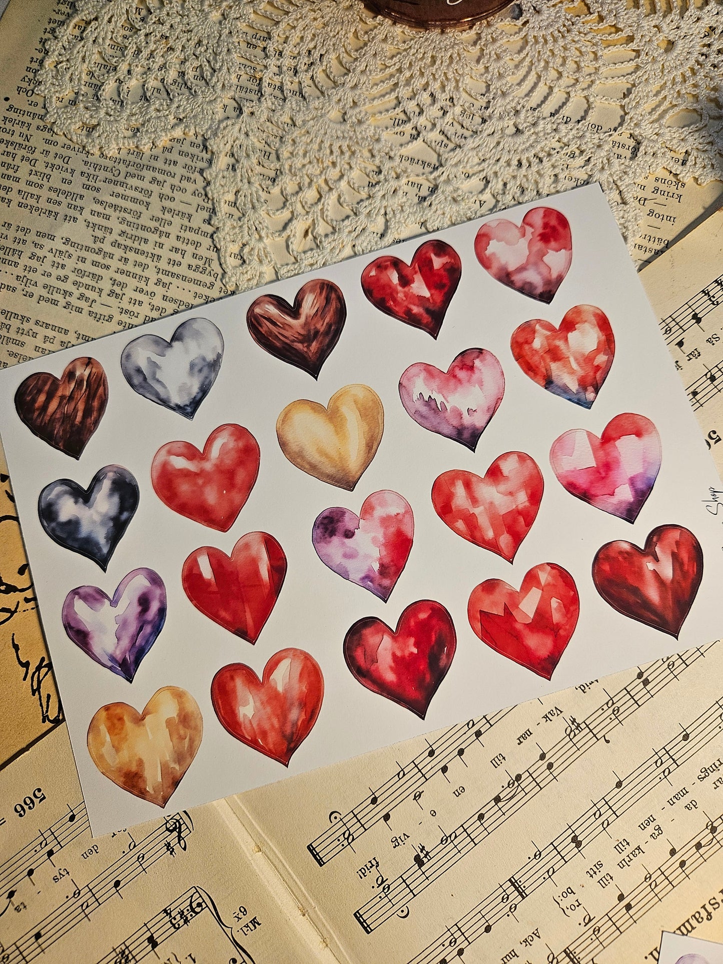 Watercolor Heart Stickers Sheet | • Scrapbooking • Card Making • Art Journaling • Paper Craft • Junk Journal