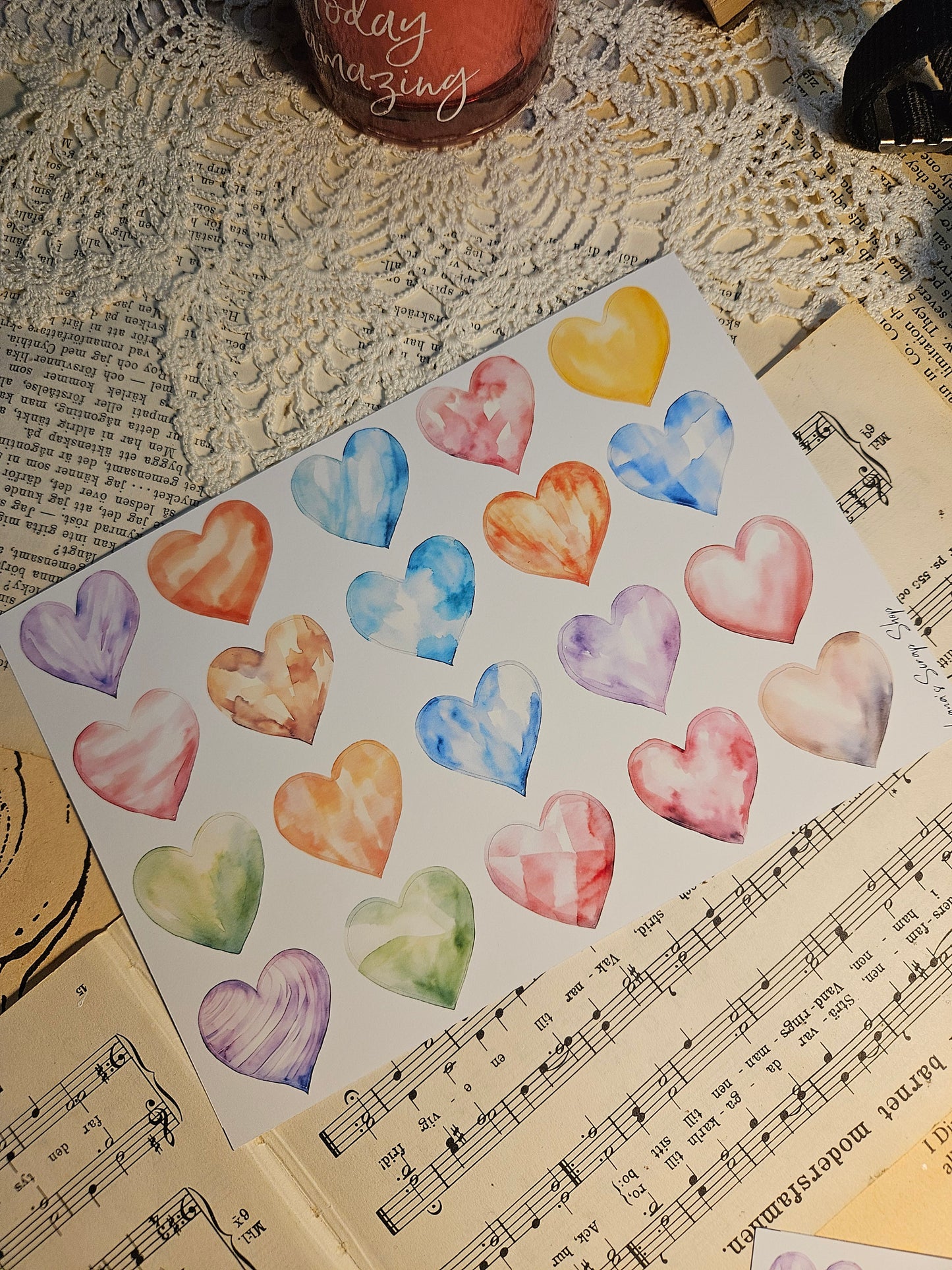 Watercolor Heart Stickers Sheet | • Scrapbooking • Card Making • Art Journaling • Paper Craft • Junk Journal