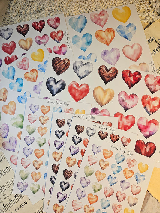 Watercolor Heart Stickers Sheet | • Scrapbooking • Card Making • Art Journaling • Paper Craft • Junk Journal