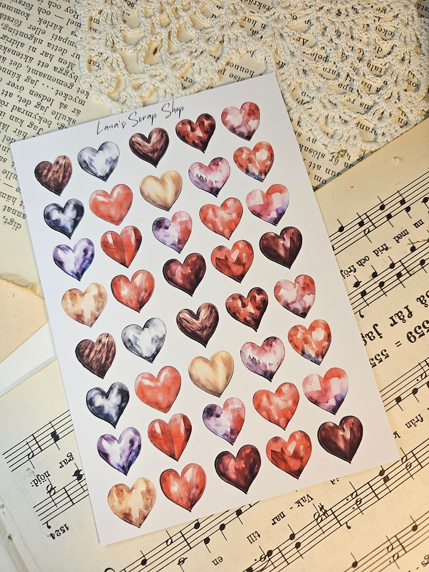 Watercolor Heart Stickers Sheet | • Scrapbooking • Card Making • Art Journaling • Paper Craft • Junk Journal