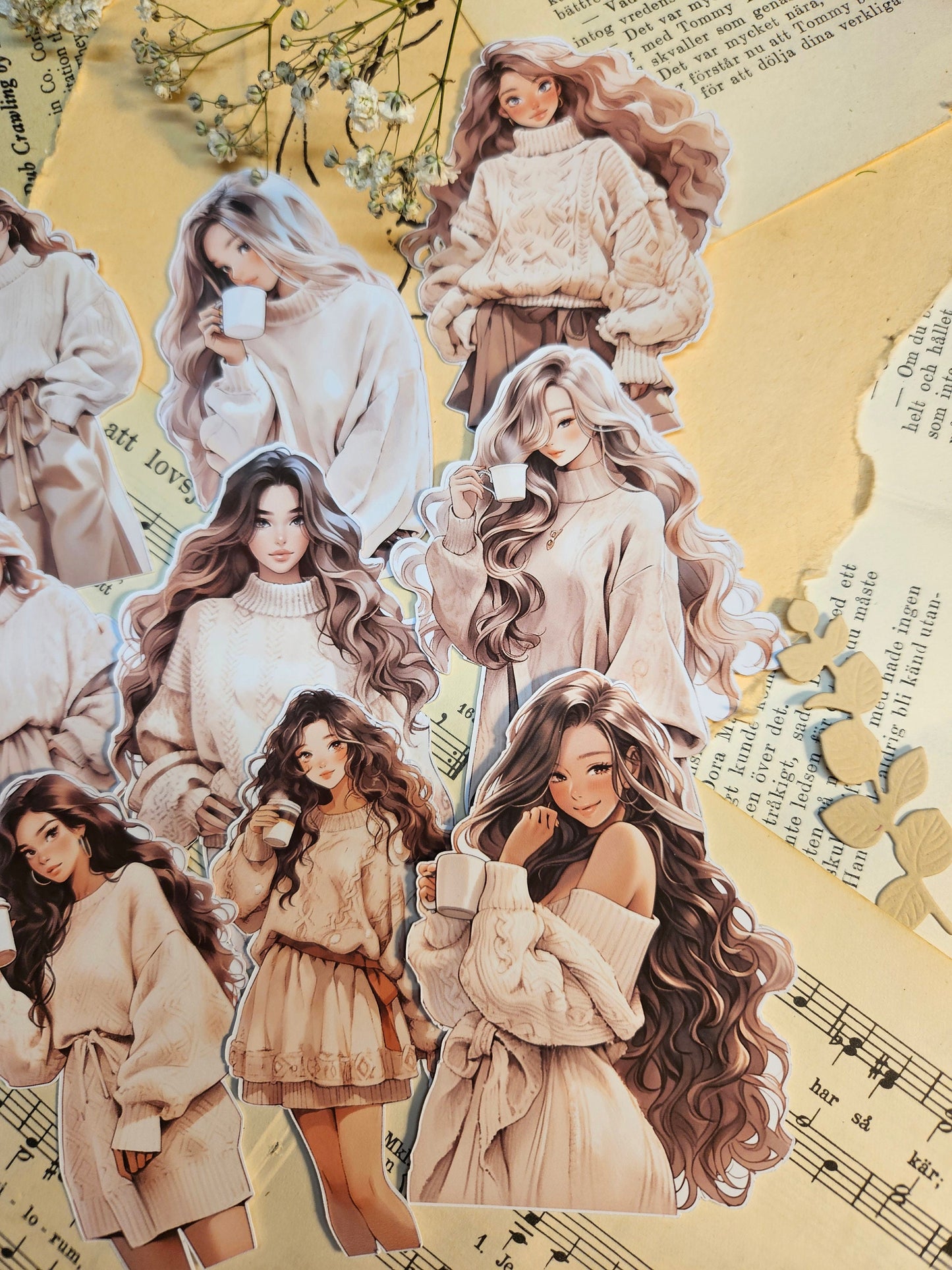 Kawaii Girls Set of 7/ 9 Stickers | • Scrapbooking • Card Making • Art Journaling • Paper Craft • Junk Journal