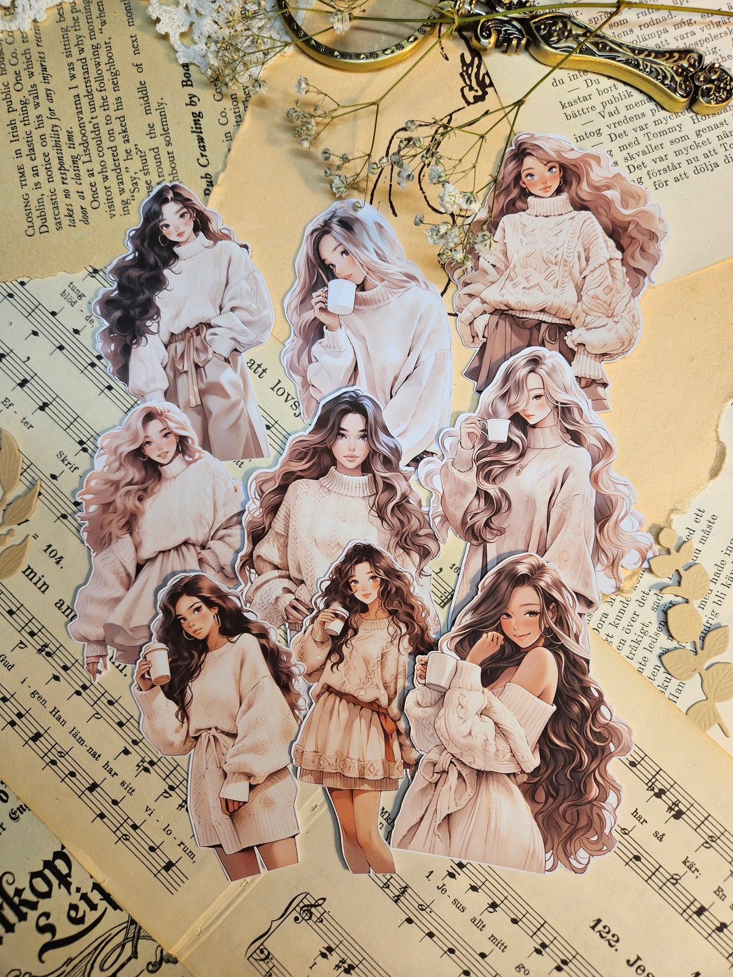 Kawaii Girls Set of 7/ 9 Stickers | • Scrapbooking • Card Making • Art Journaling • Paper Craft • Junk Journal