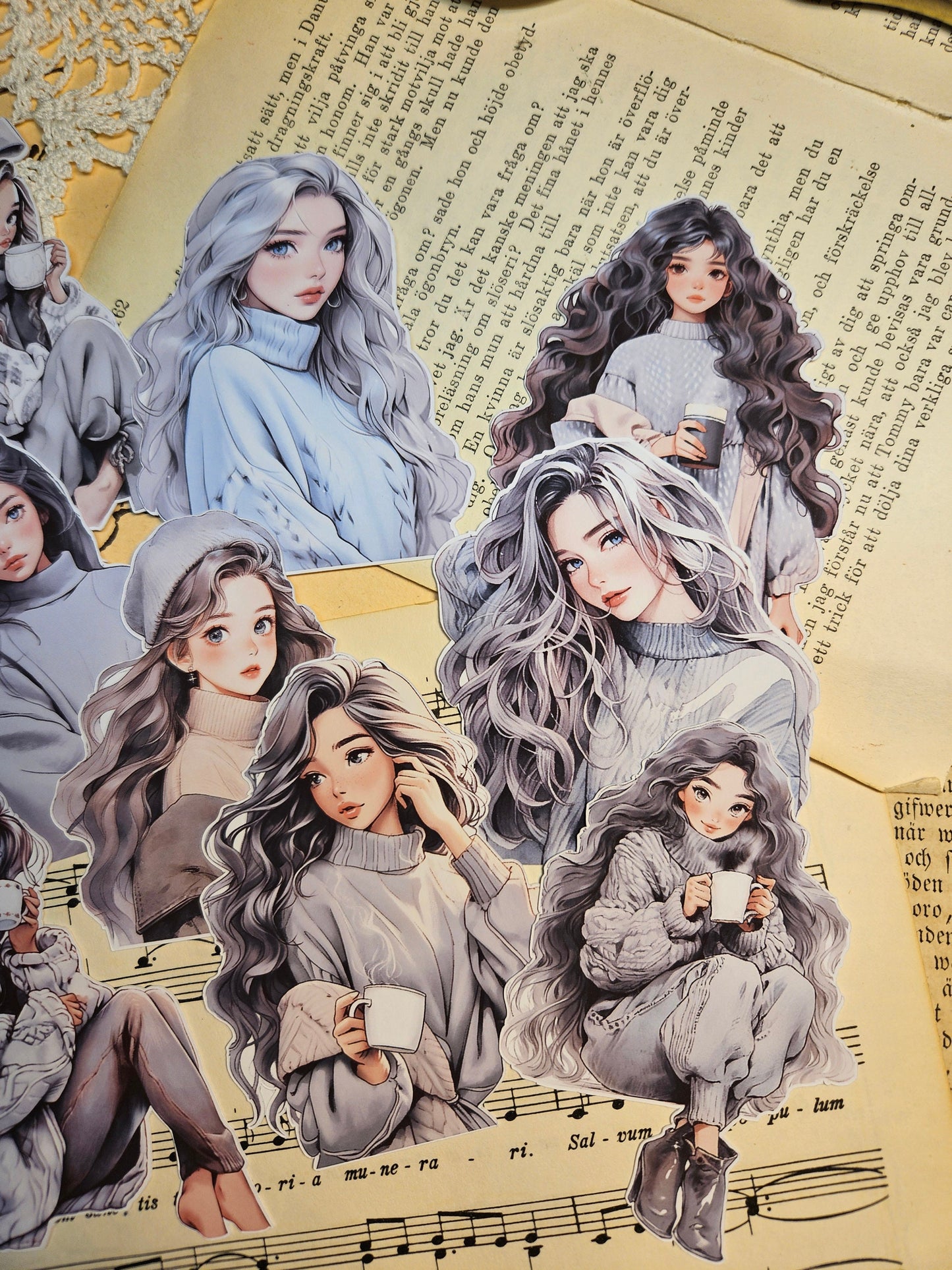 Kawaii Girls Set of 7/ 9 Stickers | • Scrapbooking • Card Making • Art Journaling • Paper Craft • Junk Journal