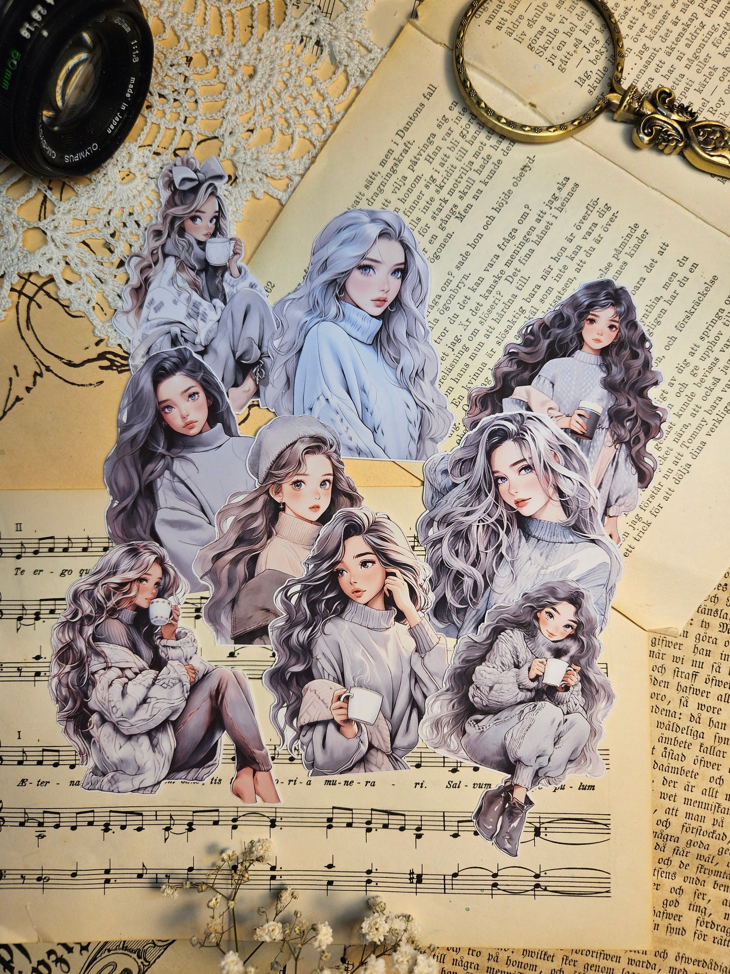 Kawaii Girls Set of 7/ 9 Stickers | • Scrapbooking • Card Making • Art Journaling • Paper Craft • Junk Journal