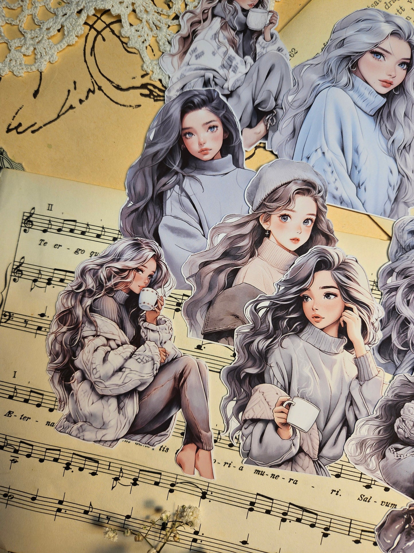 Kawaii Girls Set of 7/ 9 Stickers | • Scrapbooking • Card Making • Art Journaling • Paper Craft • Junk Journal