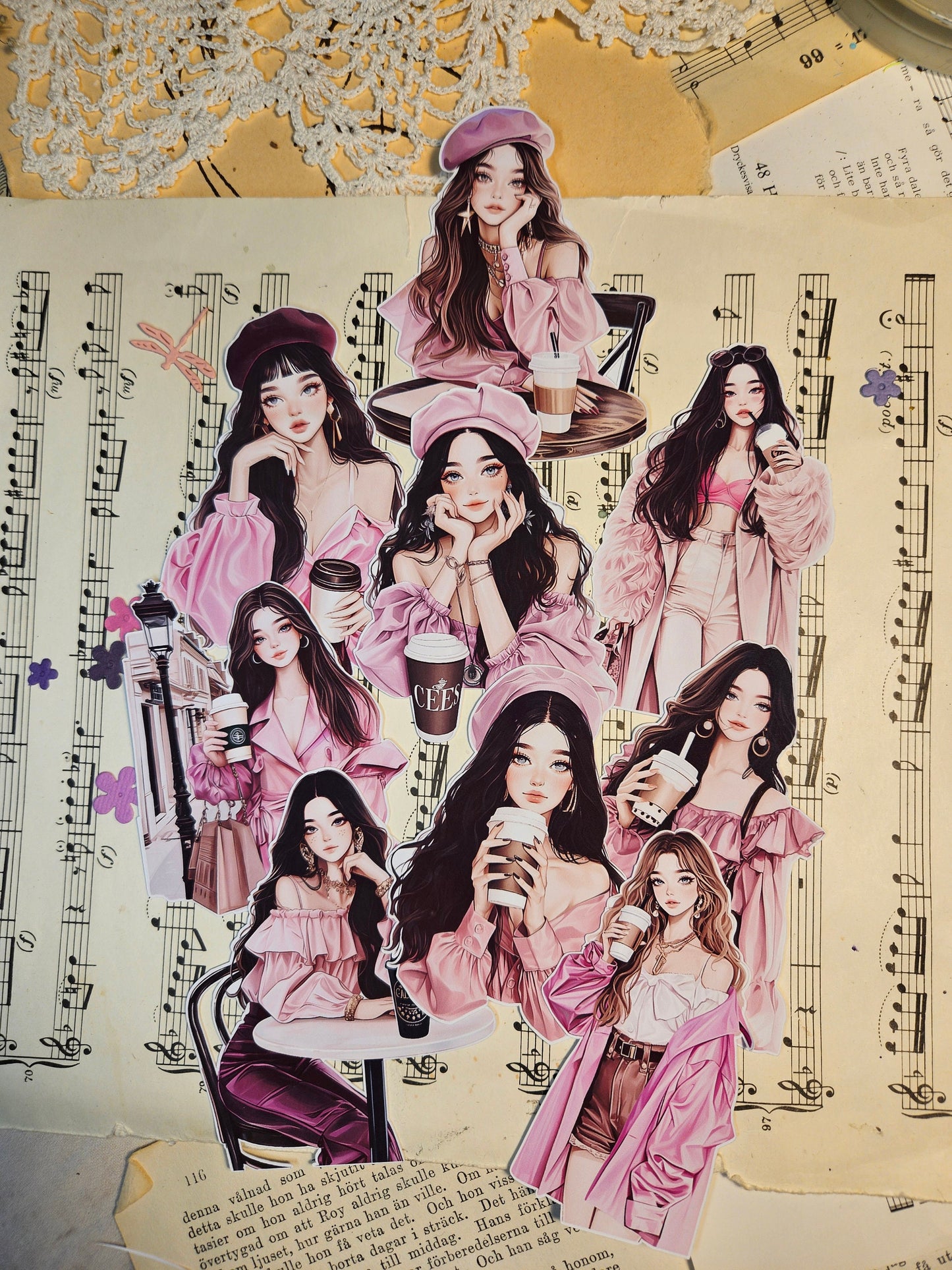 KOREAN SERIE: Parisian Coffee Lover Set of 9 Stickers | • Scrapbooking • Card Making • Art Journaling • Paper Craft • Junk Journal