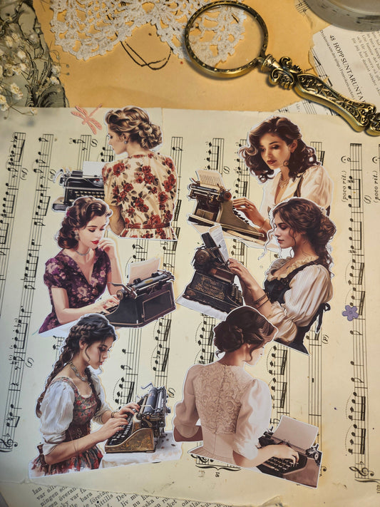 VINTAGE SERIE: Typist Ladies, Set of 6 or 9 Stickers | • Scrapbooking • Card Making • Art Journaling • Paper Craft • Junk Journal