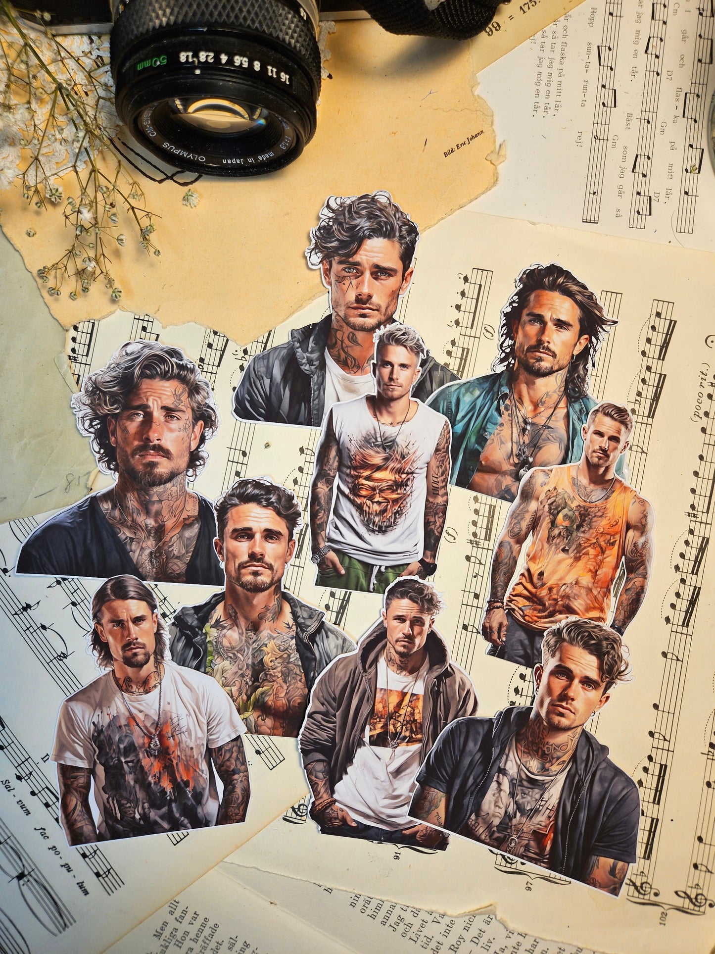 MAN SERIE: Tattoed Men Set of 9 Stickers | • Scrapbooking • Card Making • Art Journaling • Paper Craft • Junk Journal