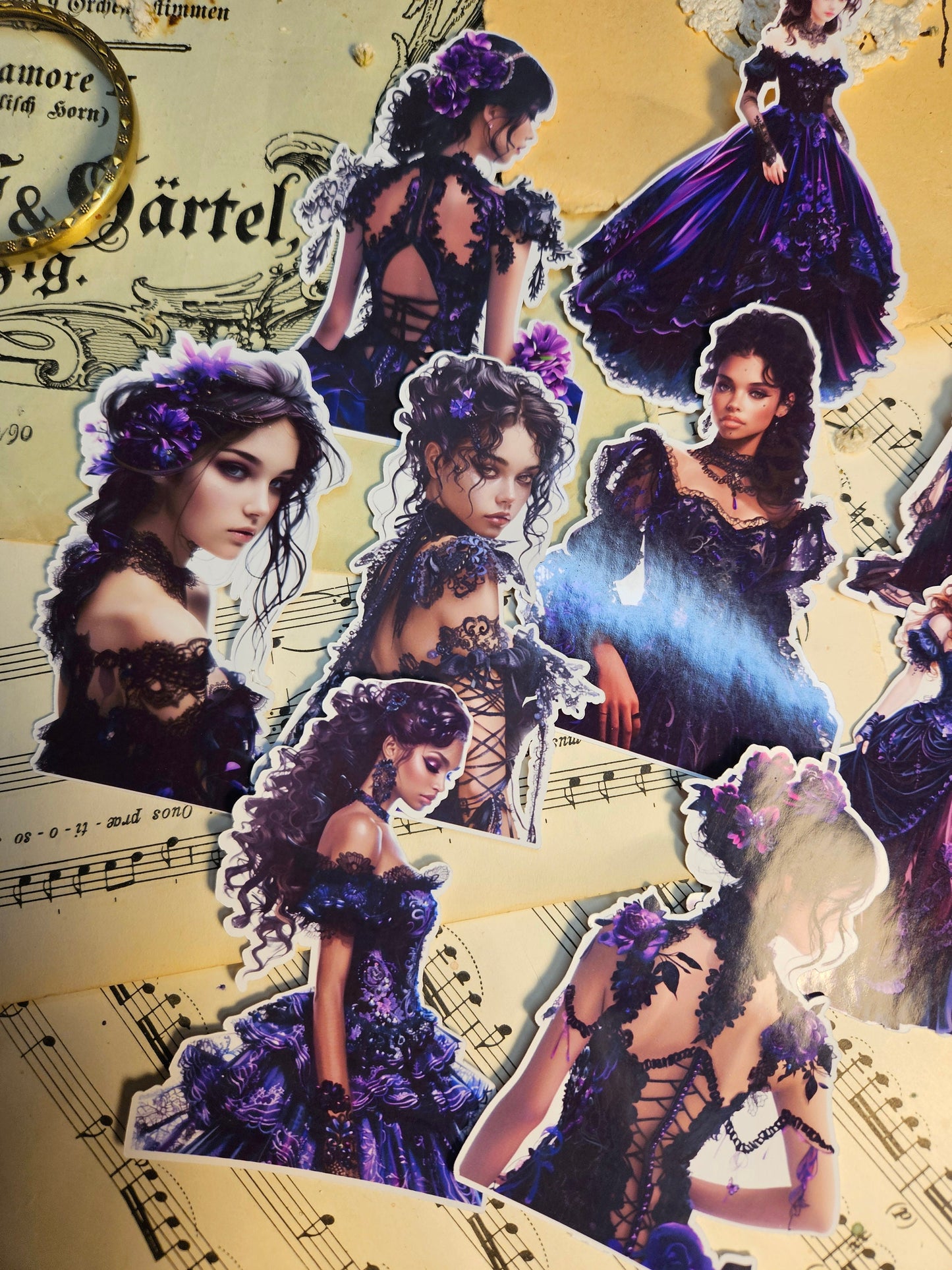 Black&Purple Ladies Set of 9 Stickers | • Scrapbooking • Card Making • Art Journaling • Paper Craft • Junk Journal