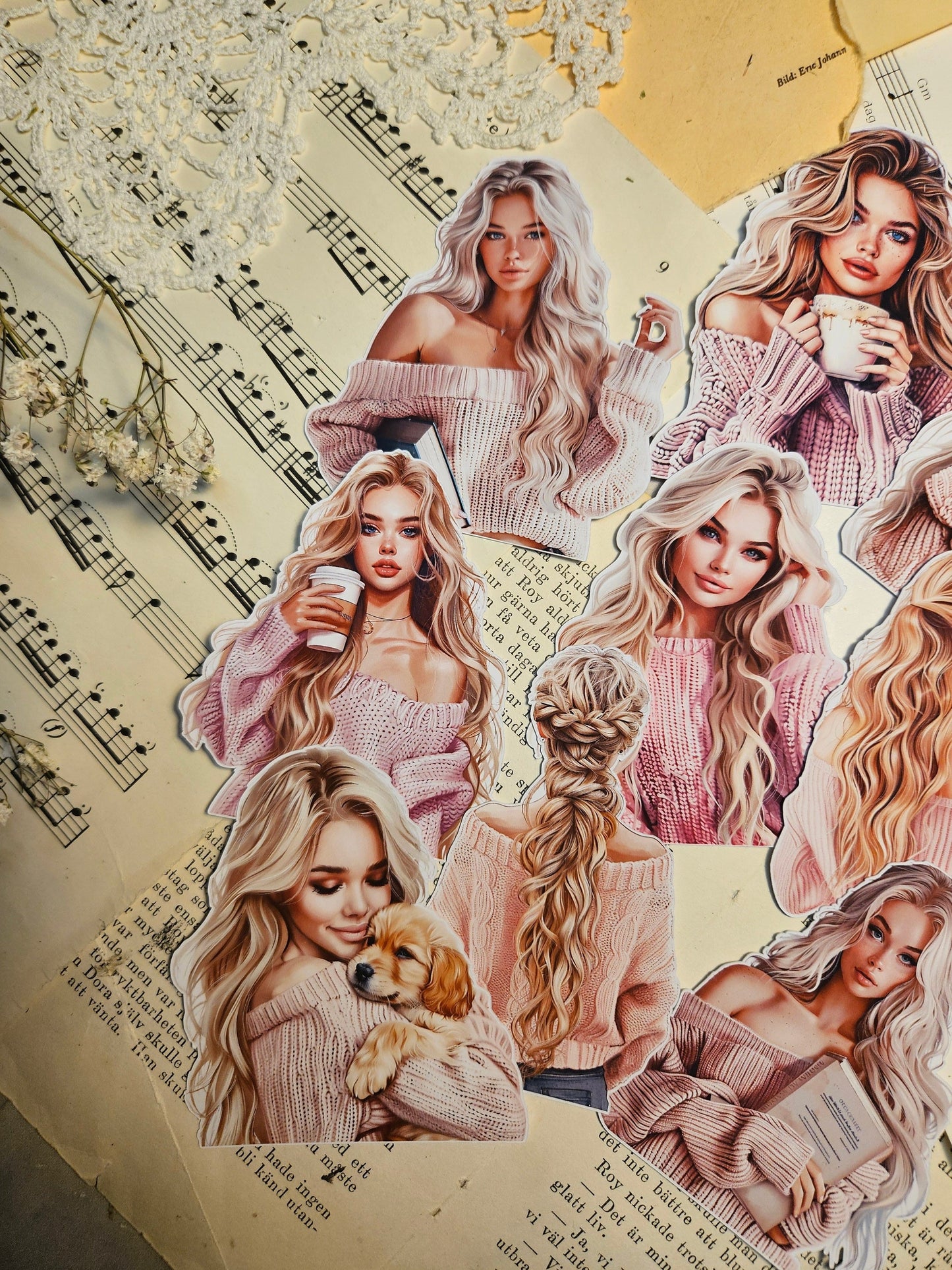 Cozy Pink Blondies Set of 9 Stickers | • Scrapbooking • Card Making • Art Journaling • Paper Craft • Junk Journal