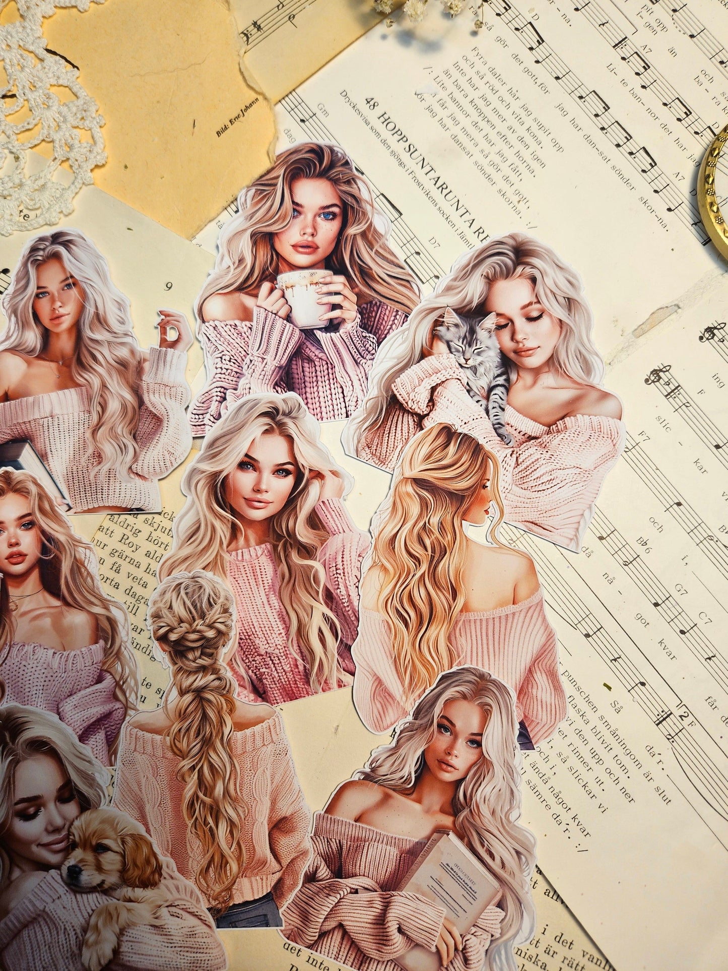 Cozy Pink Blondies Set of 9 Stickers | • Scrapbooking • Card Making • Art Journaling • Paper Craft • Junk Journal