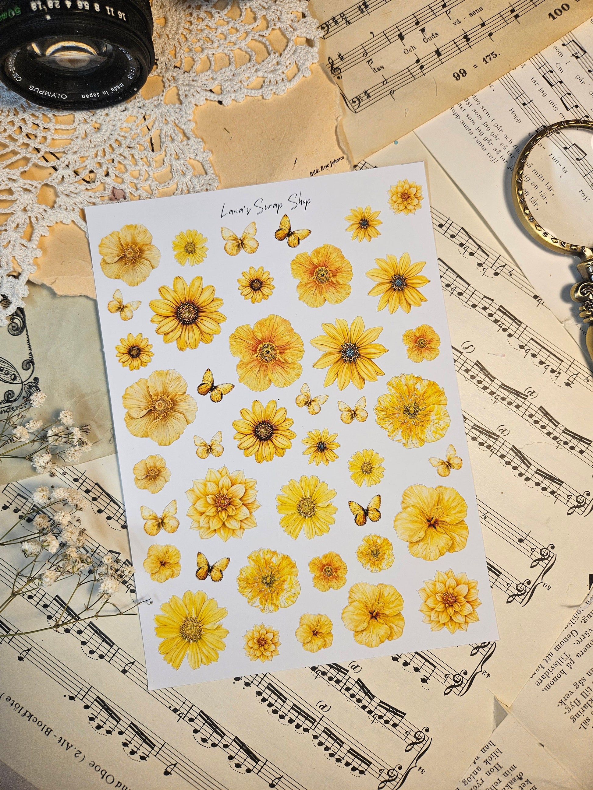 Yellow Flowers Stickers Sheet | • Scrapbooking • Card Making • Art Journaling • Paper Craft • Junk Journal
