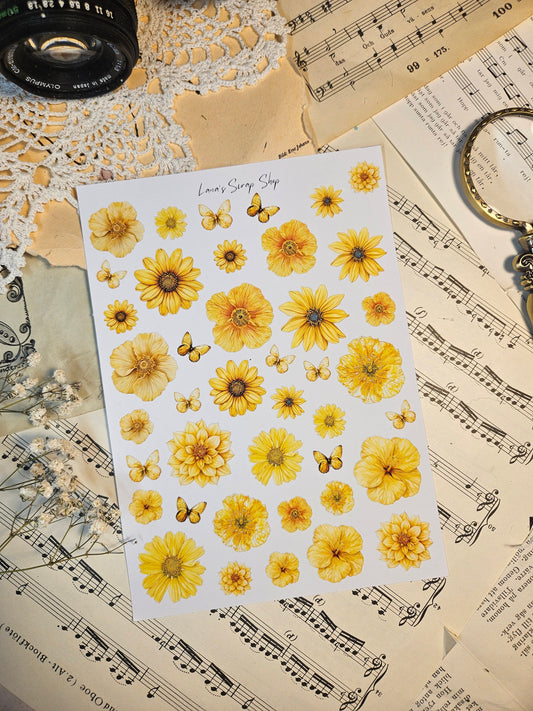 Yellow Flowers Stickers Sheet | • Scrapbooking • Card Making • Art Journaling • Paper Craft • Junk Journal