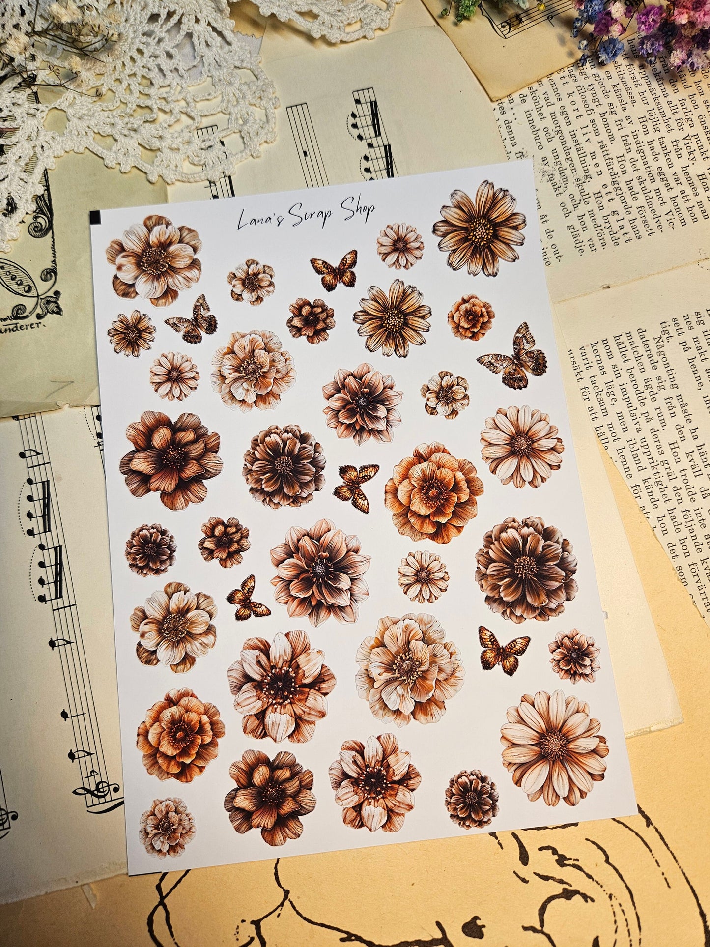 Brown Flowers Stickers Sheet