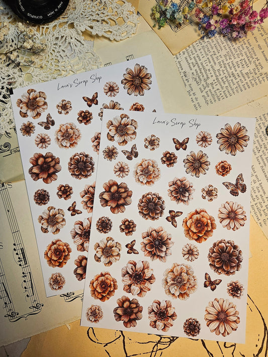 Brown Flowers Stickers Sheet