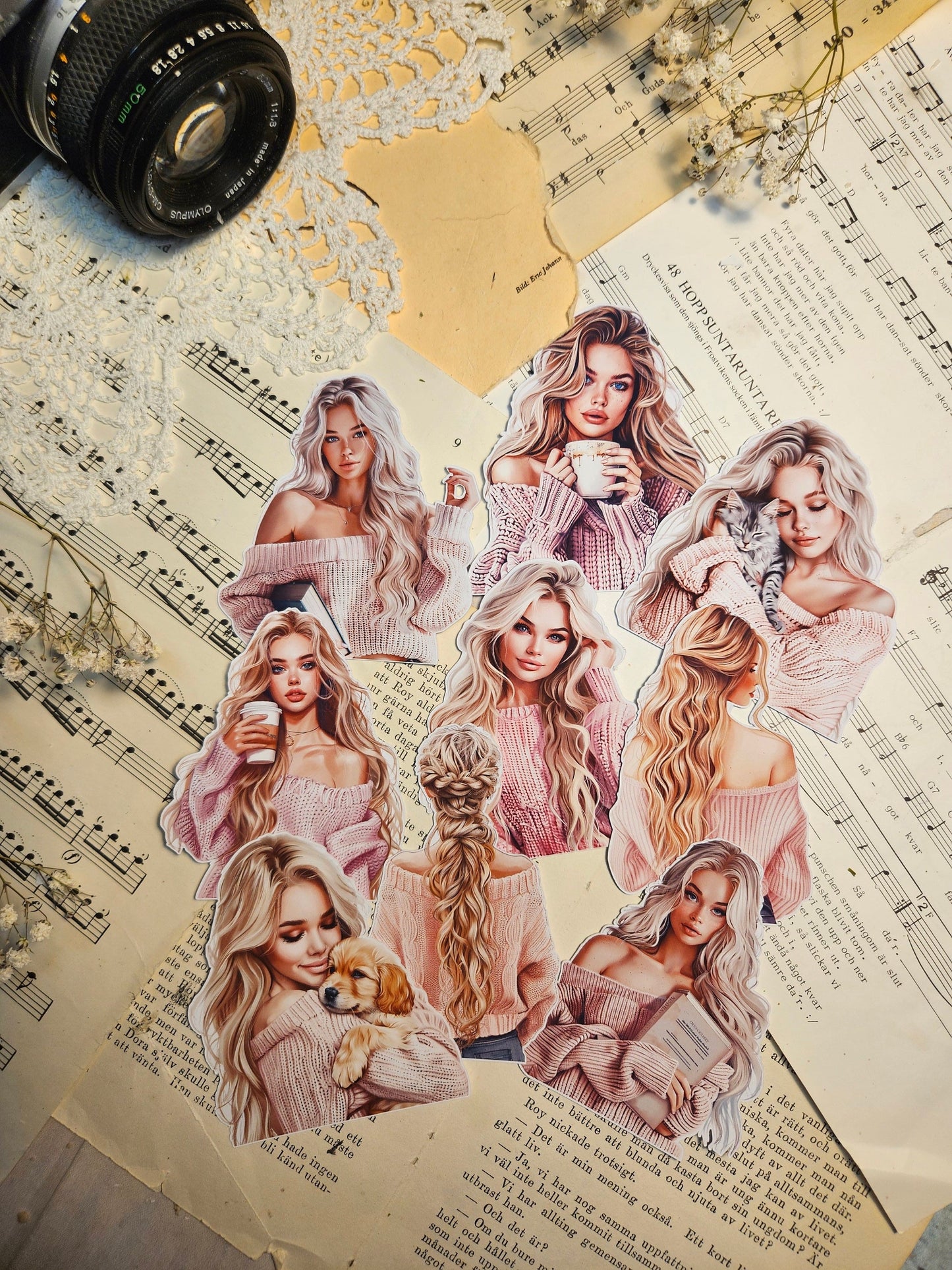 Cozy Pink Blondies Set of 9 Stickers | • Scrapbooking • Card Making • Art Journaling • Paper Craft • Junk Journal