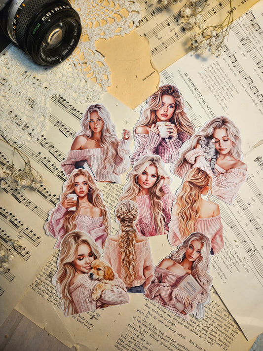 Cozy Pink Blondies Set of 9 Stickers | • Scrapbooking • Card Making • Art Journaling • Paper Craft • Junk Journal