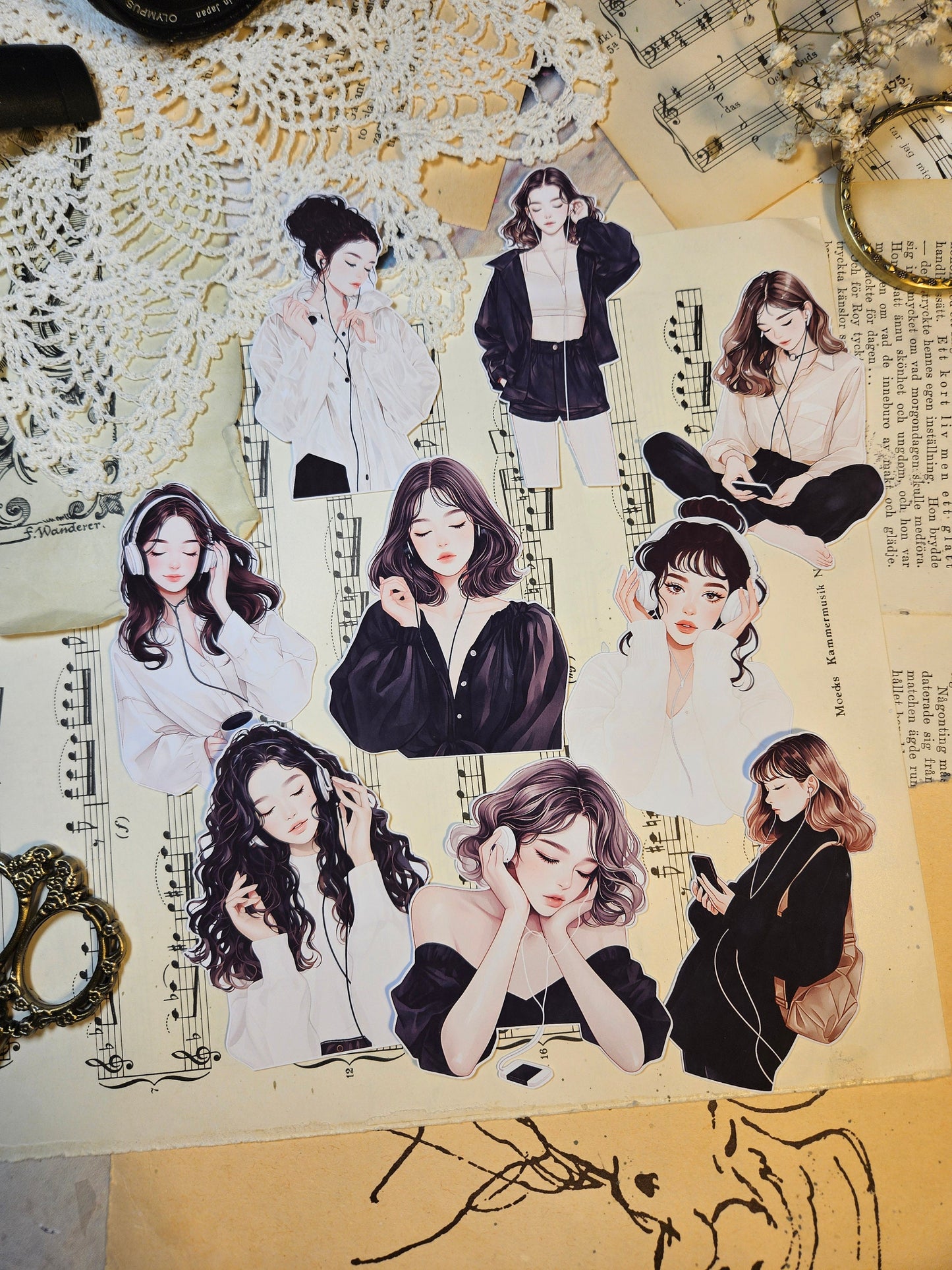 KOREAN SERIE: Music Lover Set of 9 Stickers | • Scrapbooking • Card Making • Art Journaling • Paper Craft • Junk Journal