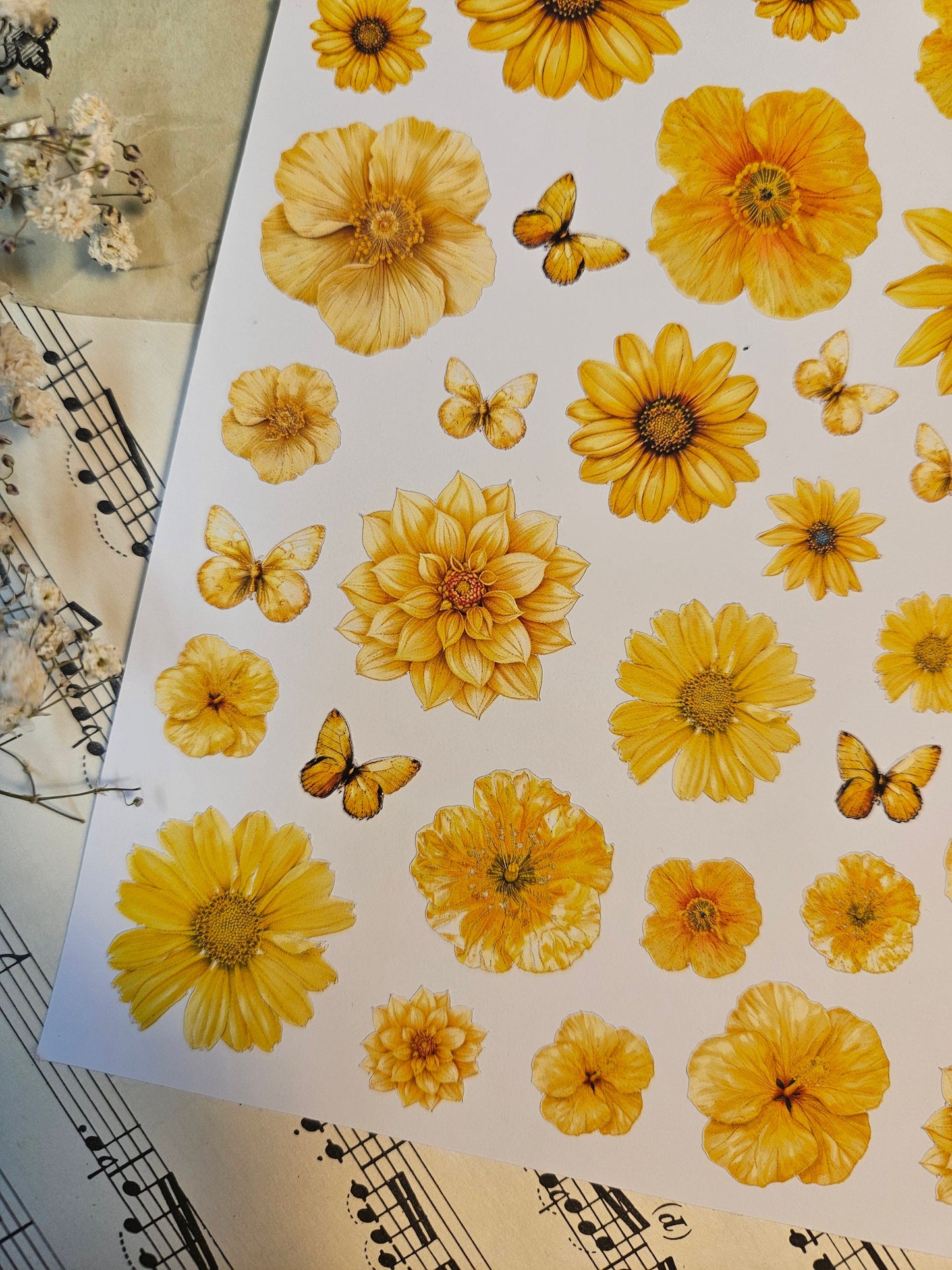 Yellow Flowers Stickers Sheet | • Scrapbooking • Card Making • Art Journaling • Paper Craft • Junk Journal