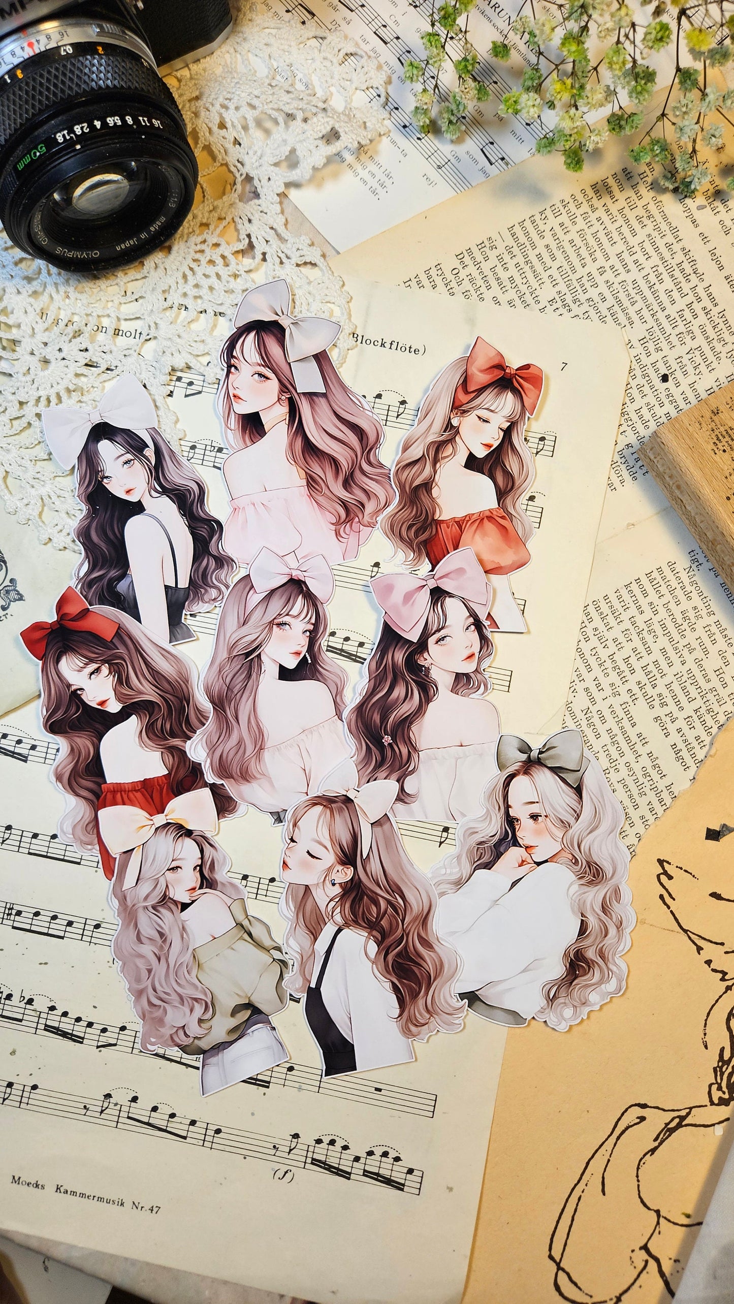 KOREAN SERIE: Girls with Bow Set of 9 Stickers | • Scrapbooking • Card Making • Art Journaling • Paper Craft • Junk Journal